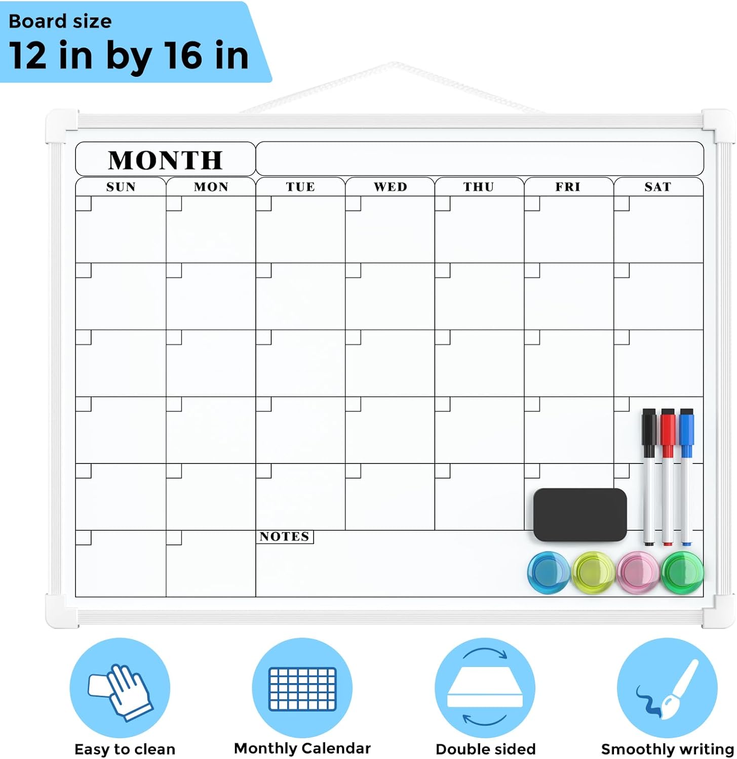 MaxGear Monthly Calendar Dry Erase Board for Wall, 16"x12" Small Hanging Double-Sided White Board, Portable Whiteboard for Planning, Drawing, Memo, to Do List, School, Home, Kitchen, Office