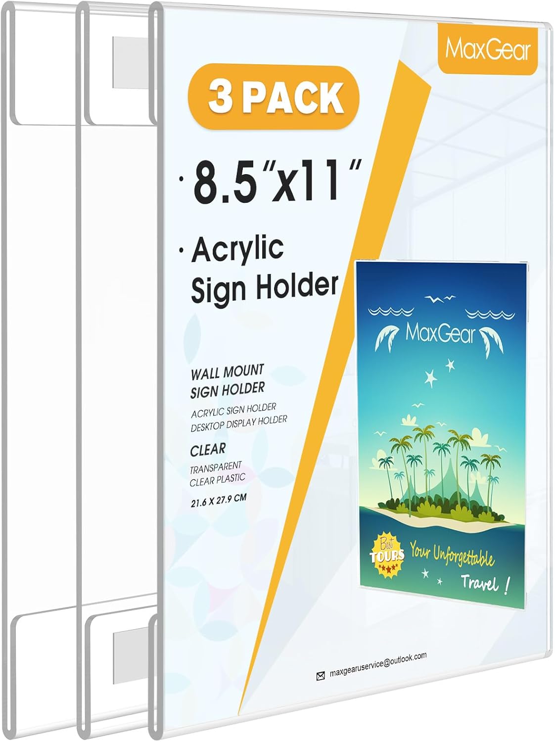 MaxGear Acrylic Sign Holder 8.5x11 with Double-Sided Tape, 3 Pack Clear Plastic Door Wall Mount Sign Holder, Document Flyer Poster Paper Acrylic Wall Frame for Office, Home, Store, Restaurant