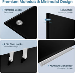 MaxGear Glass White Boards 48x36 Inches, Wall Mounted Magnetic Glass Dry Erase Board Black, Large Frameless Whiteboard with 1 Eraser,3 Markers and 6 Magnets for Office, School, Home