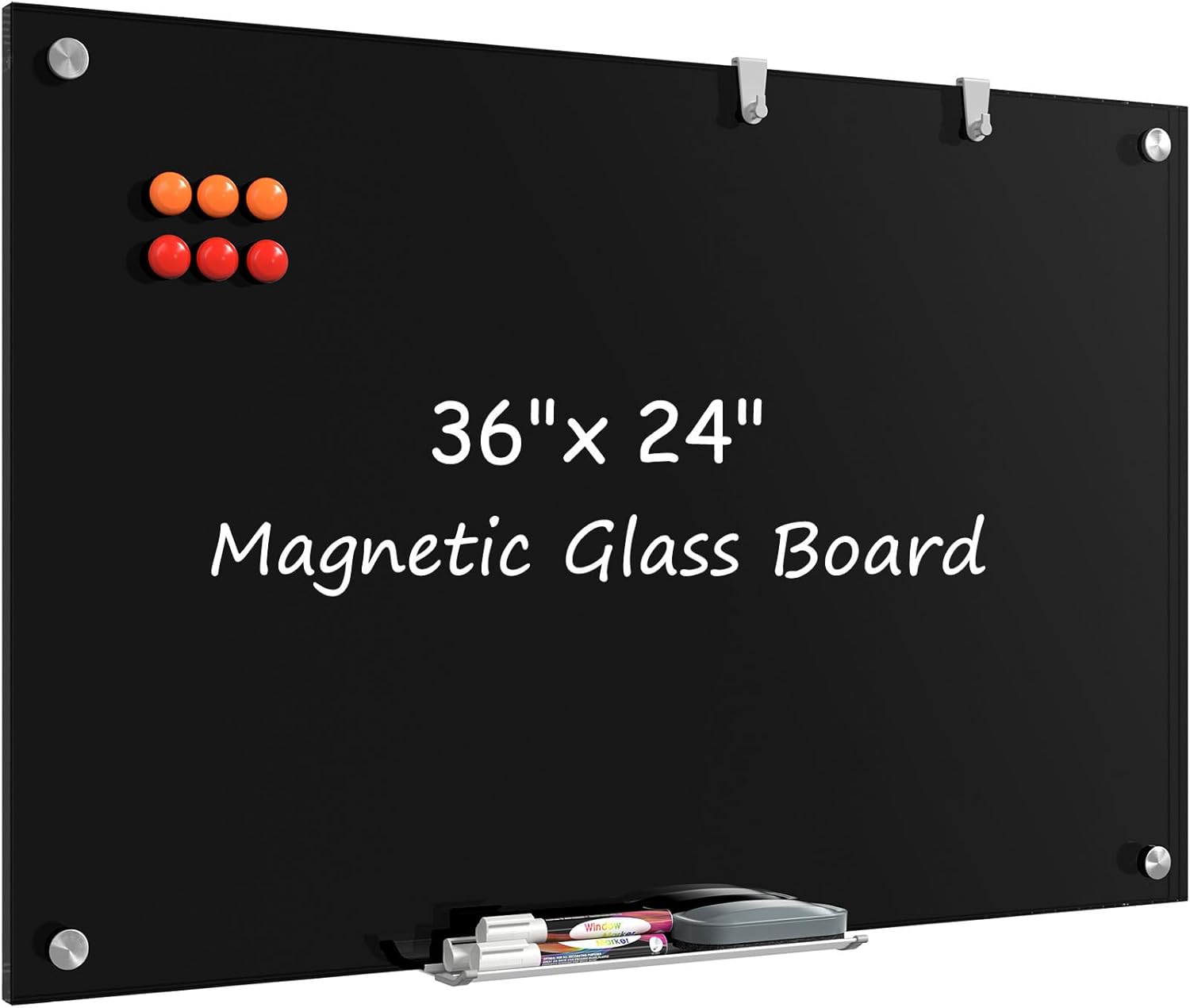 MaxGear Glass White Boards 48x36 Inches, Wall Mounted Magnetic Glass Dry Erase Board Black, Large Frameless Whiteboard with 1 Eraser,3 Markers and 6 Magnets for Office, School, Home