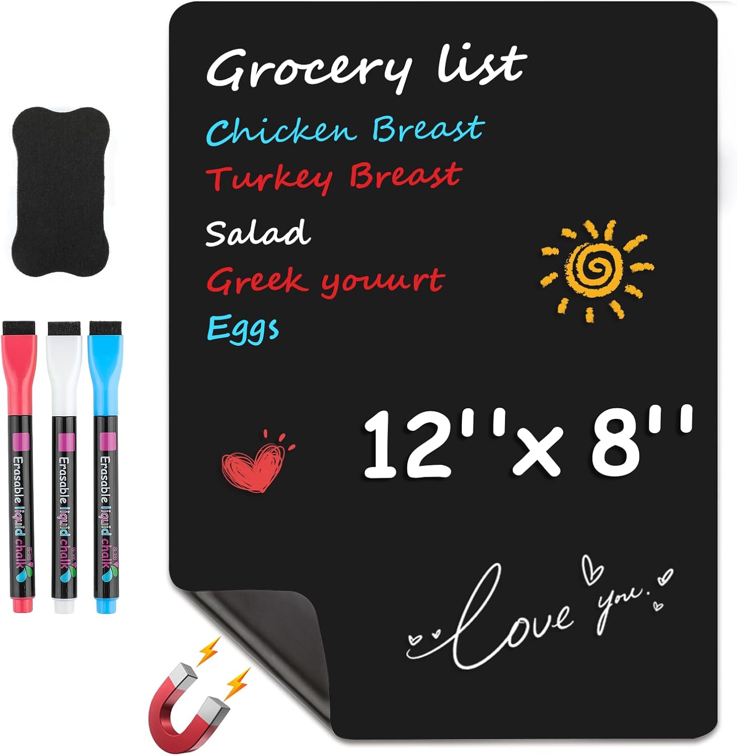 MaxGear Magnetic Black Dry Erase Board Sheet for Refrigerator, 16"x12" Fridge Magnetic Whiteboard for Kitchen, Fridge Shopping List for Family Planner and Grocery List, 4 Chalk Markers
