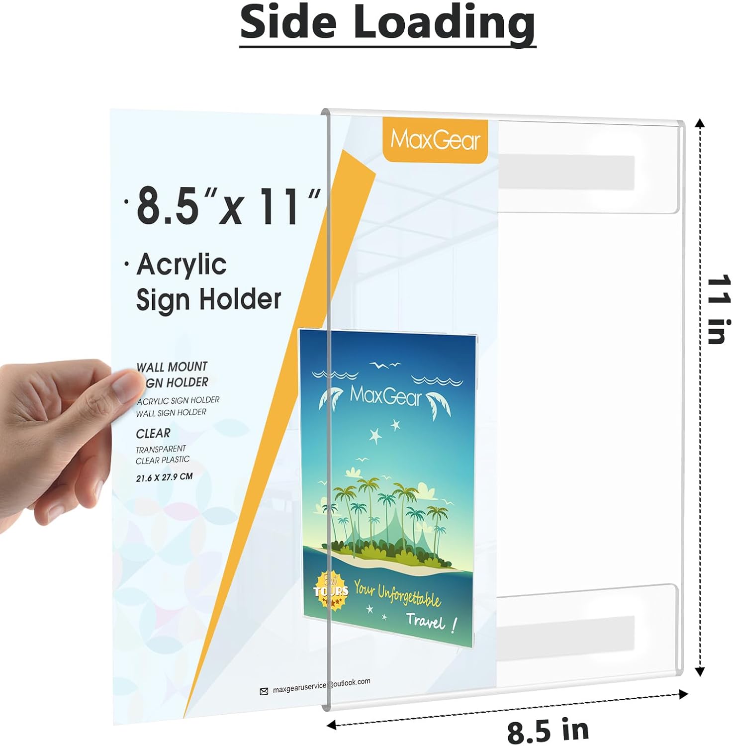 MaxGear Acrylic Wall Sign Holder 8.5x11 with Hook and Loop Strips Double Sided Tape, Clear Plastic Wall Mount Sign Holder Plexiglass Poster Paper Frame for Office, Store, Home, Restaurant, 2 Pack