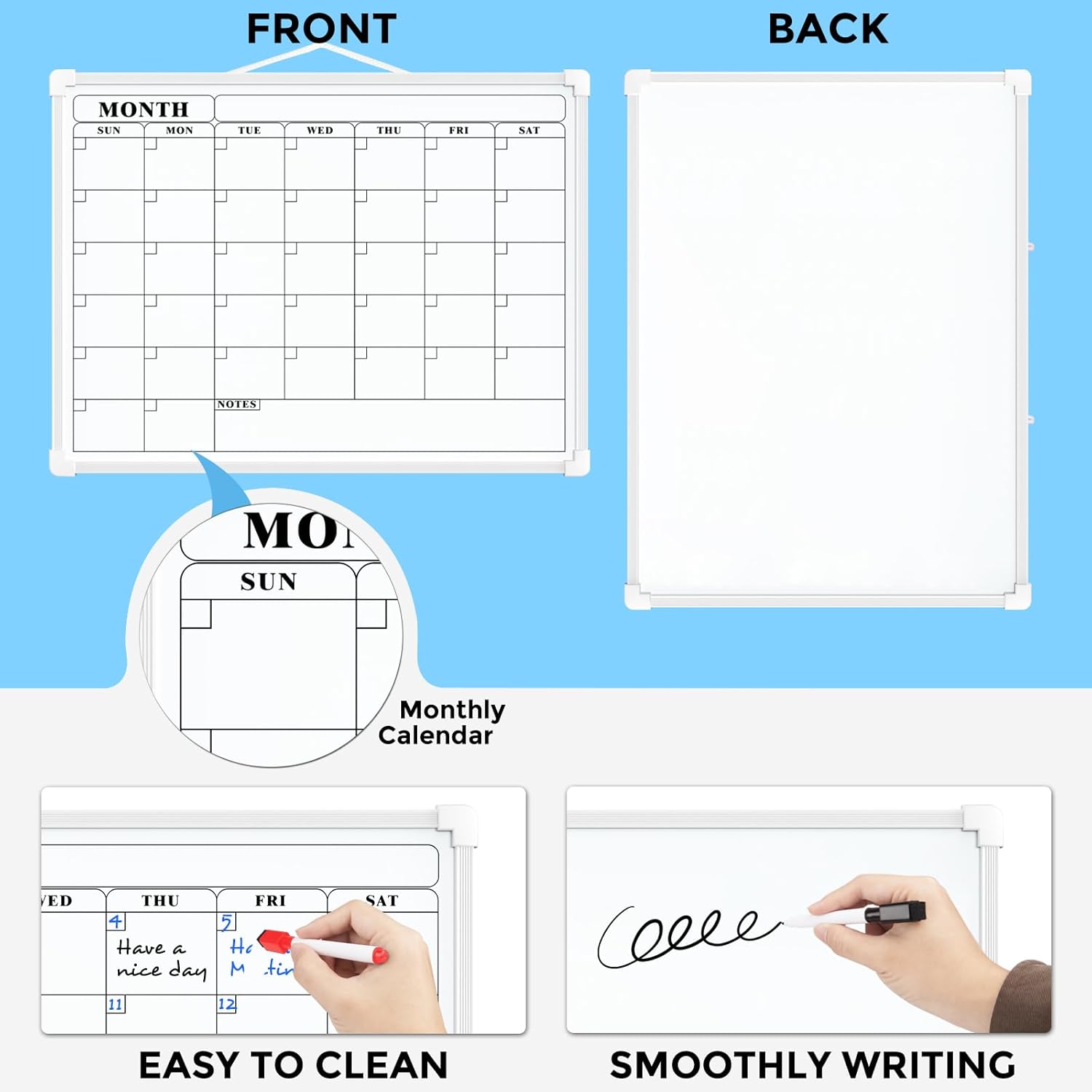 MaxGear Monthly Calendar Dry Erase Board for Wall, 16"x12" Small Hanging Double-Sided White Board, Portable Whiteboard for Planning, Drawing, Memo, to Do List, School, Home, Kitchen, Office