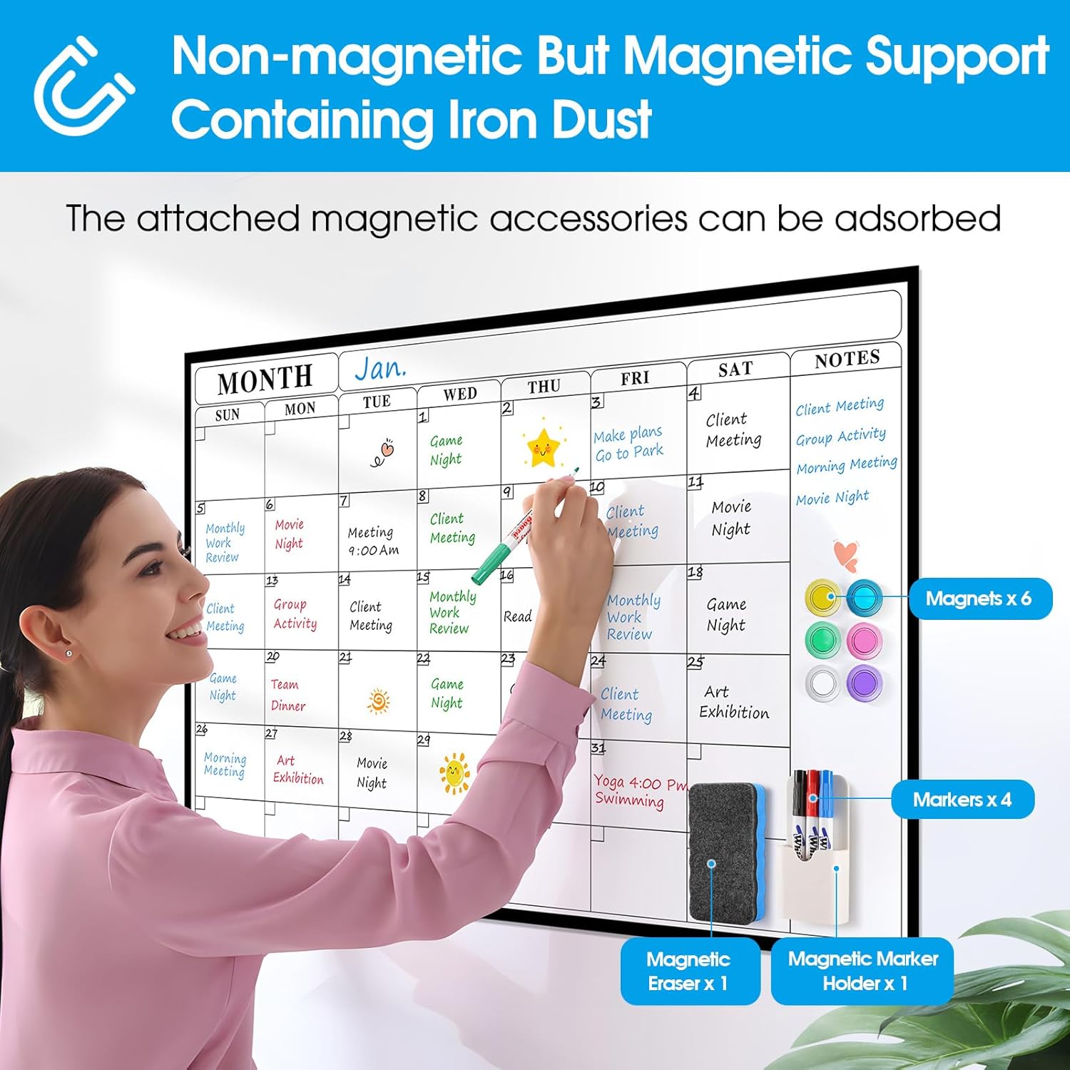 MaxGear 36"x24" Adhesive Dry Erase Calendar Monthly Whiteboard for Wall, Office, Classroom, Home, Drill-Free Installation, 1 Marker Holder, 4 Markers, 1 Eraser, 6 Magnets, Smooth Writing & Erasing