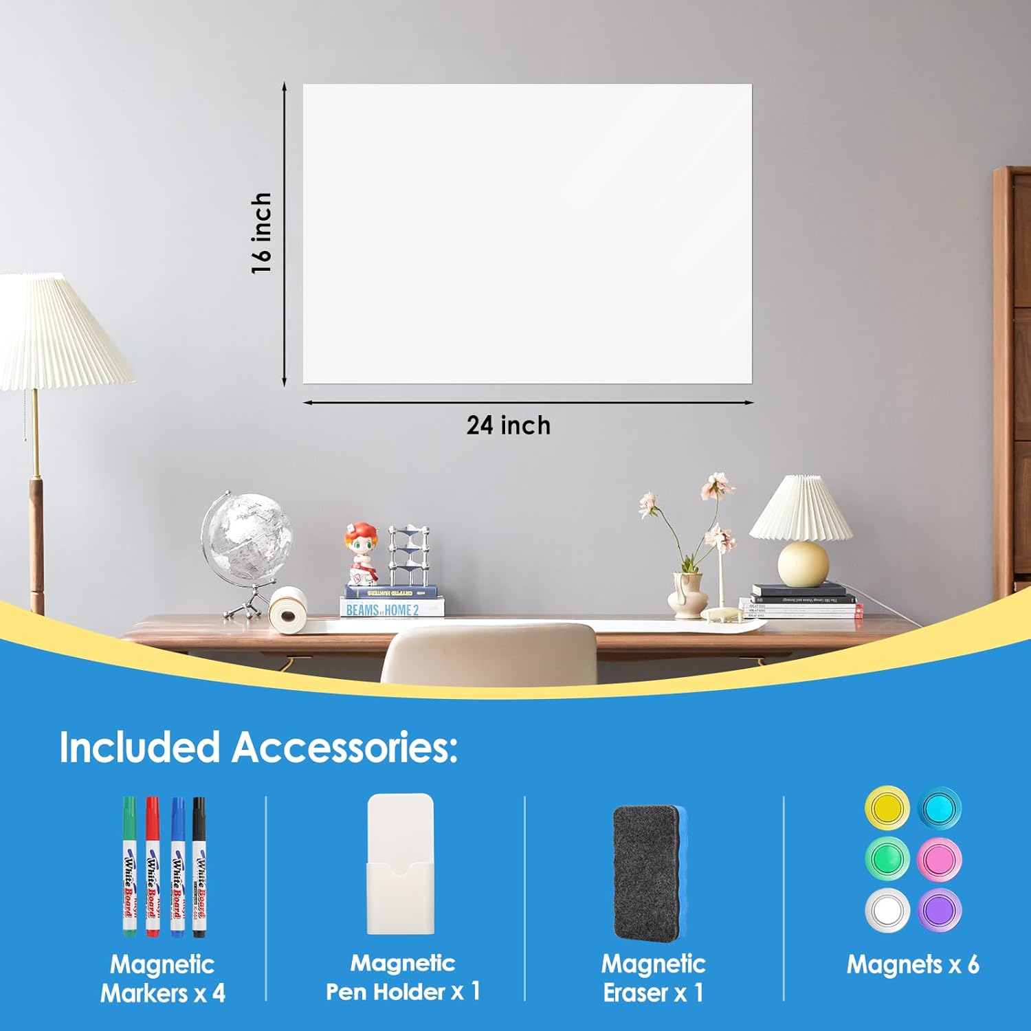 MaxGear 16"x24" Magnetic Dry Erase Whiteboard Sticker, Self Adhesive Whiteboard for Wall, Perfect for Meal Planning, Classroom and Office Tasks, Include Markers, Eraser, Magnets