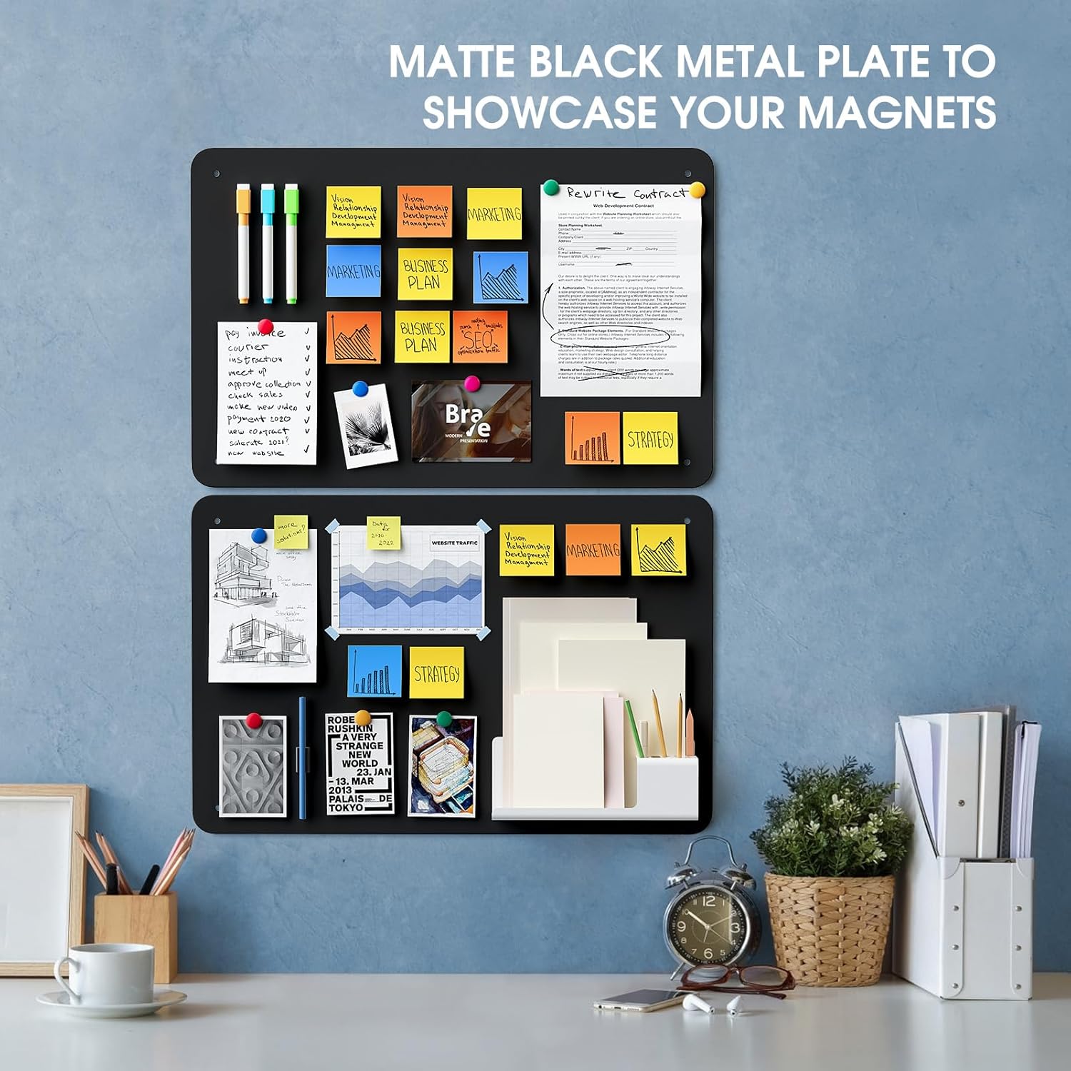 MaxGear Metal Magnetic Board 17.5" x 11.4" 2 Pack Black Magnet Bulletin Board for Wall, Refrigerator, Magnetic Board Display Notes, Photos, and More - Includes Dual Lock Tape and Screws
