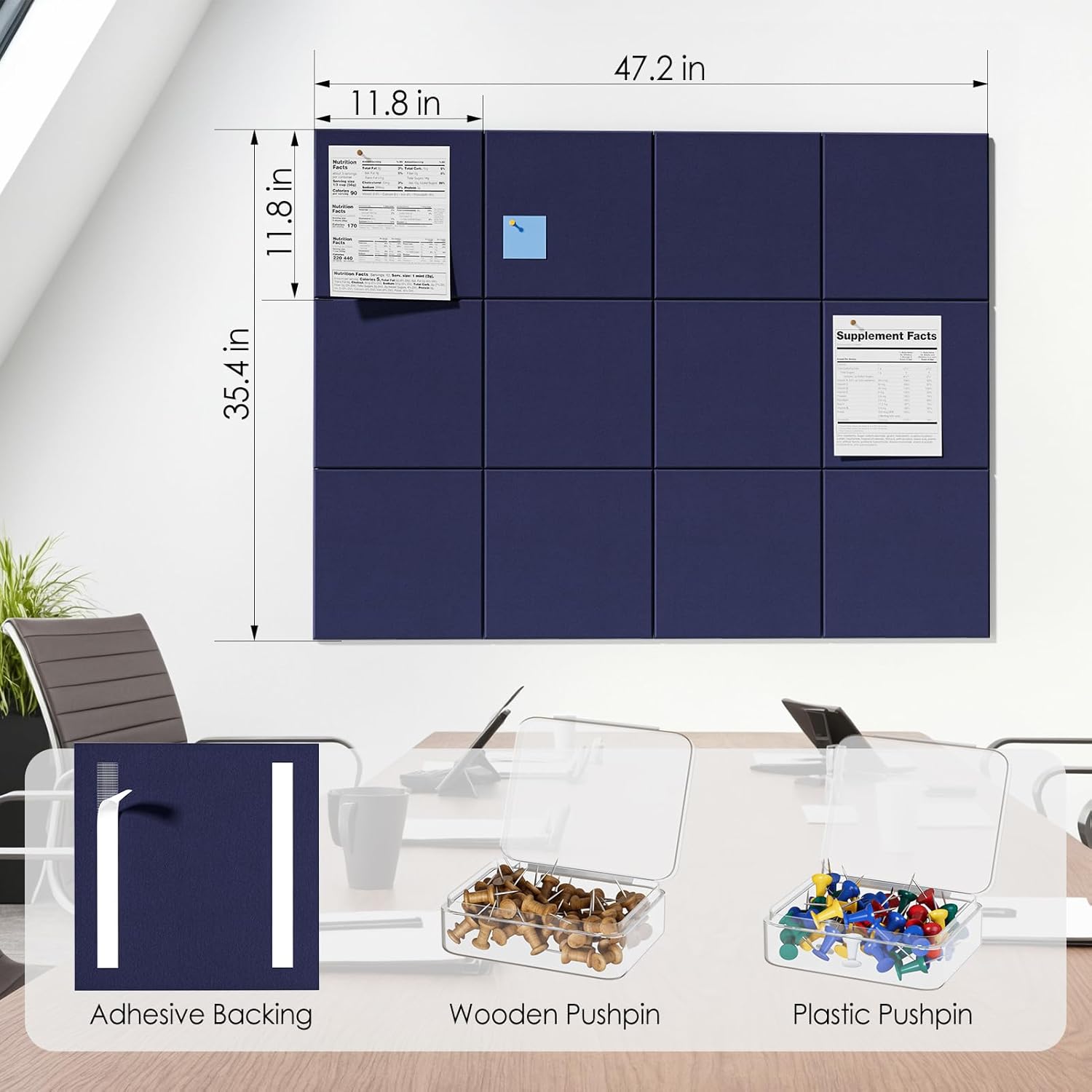 MaxGear Large Cork Board for Wall 47" x 35" Dark Blue Bulletin Board, 12 Pack Felt Wall Tiles with Pushpins, Cork Boards for Office Pin Board Tack Board for Photo Meno Decor