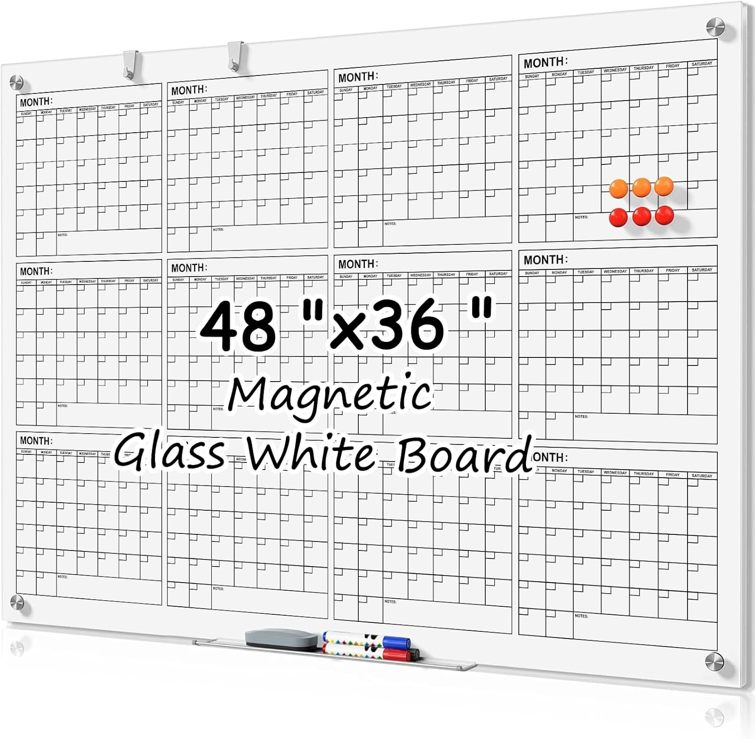 MaxGear Glass White Boards 48x36 Inches, Wall Mounted Magnetic Glass Dry Erase Board Black, Large Frameless Whiteboard with 1 Eraser,3 Markers and 6 Magnets for Office, School, Home