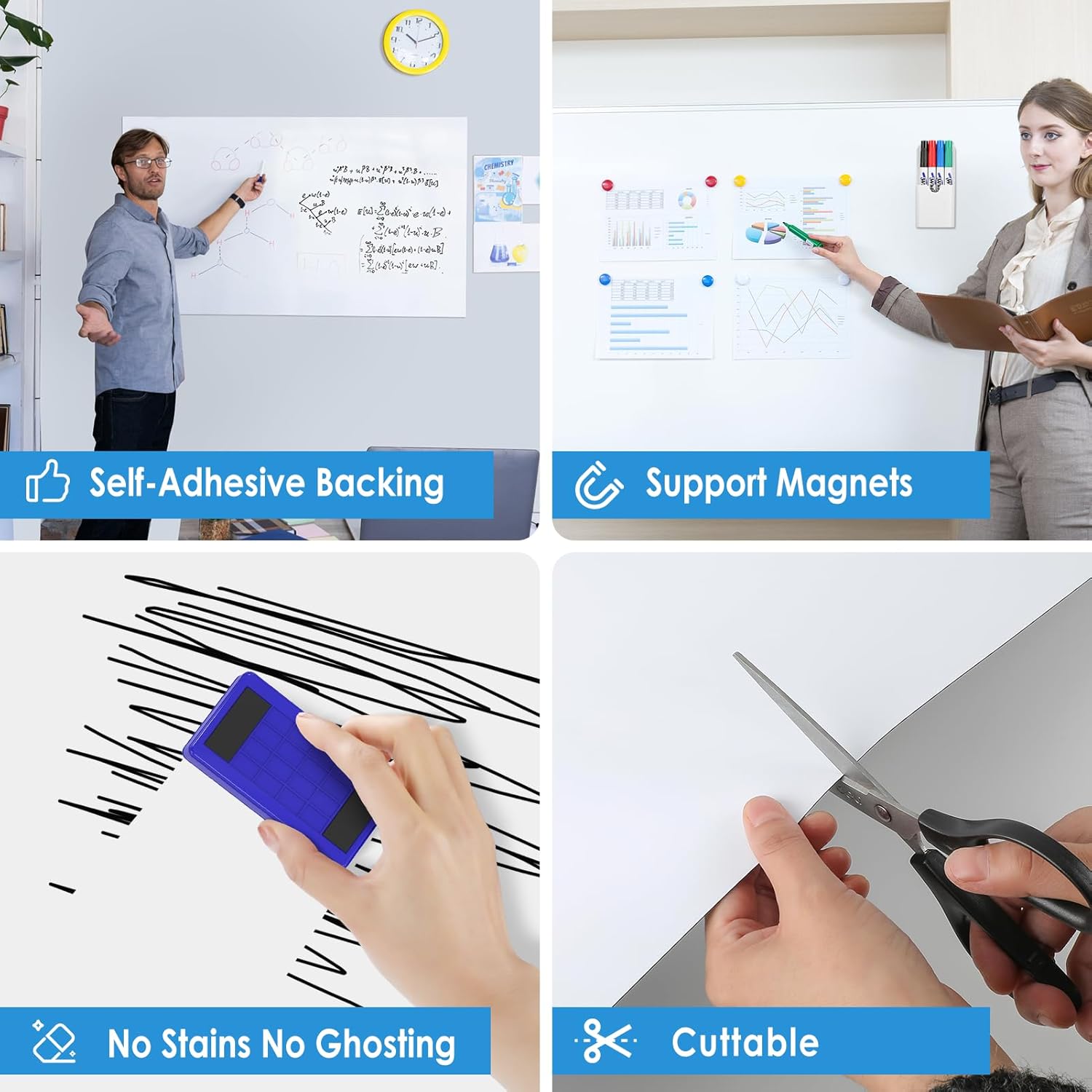 MaxGear Large White Board 72“x48” with Self-Adhesive Backing, Big Dry Erase Board for Wall, Whiteboard Sticker Wallpaper with 4 Markers, 1 Holder, 1 Eraser, 4 Magnets, and 3 Tapes, 6' x 4'