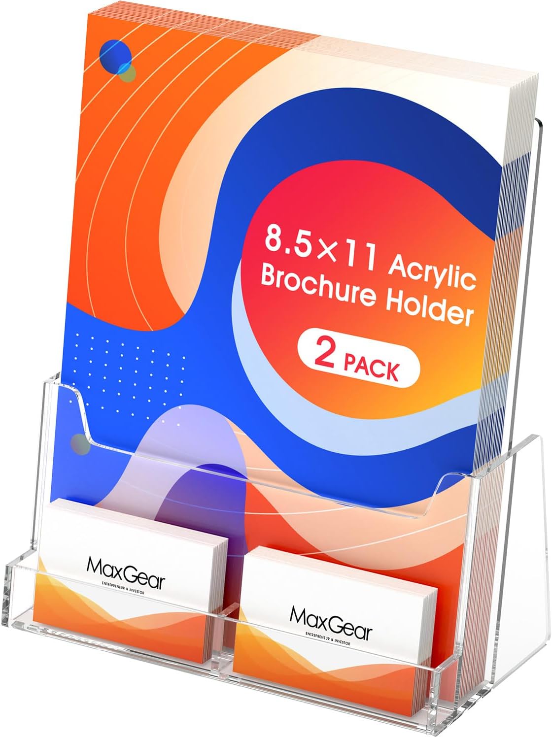 MaxGear 4x9 inch Brochure Holder, 2 Pack Acrylic Display Stand with Business Card Slot, Countertop Literature, Flyer, Trifold, Pamphlet, Booklet Menu Organizer