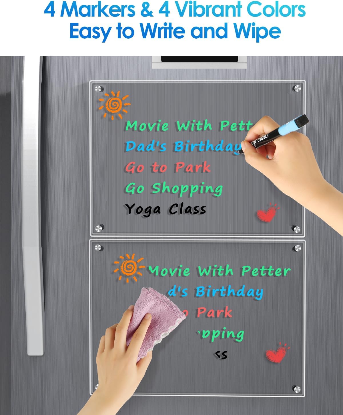MaxGear 16"x12" Acrylic Dry Erase Board, Clear Magnetic Fridge WhiteBoard Mini Acrylic Memo Notepad for Refridgerator, Kitchen Menu Board Meal Schedule Planner, Include 4 Markers, 1 Cloth