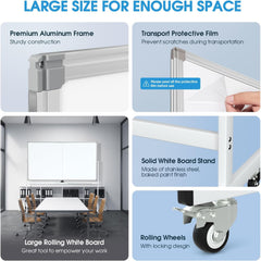 MaxGear Large Rolling Whiteboard on Wheels, 72" x 40" Big Mobile White Board, Double Sided Dry Erase Board with Aluminium Frame and Magnetic Surface for Office, School