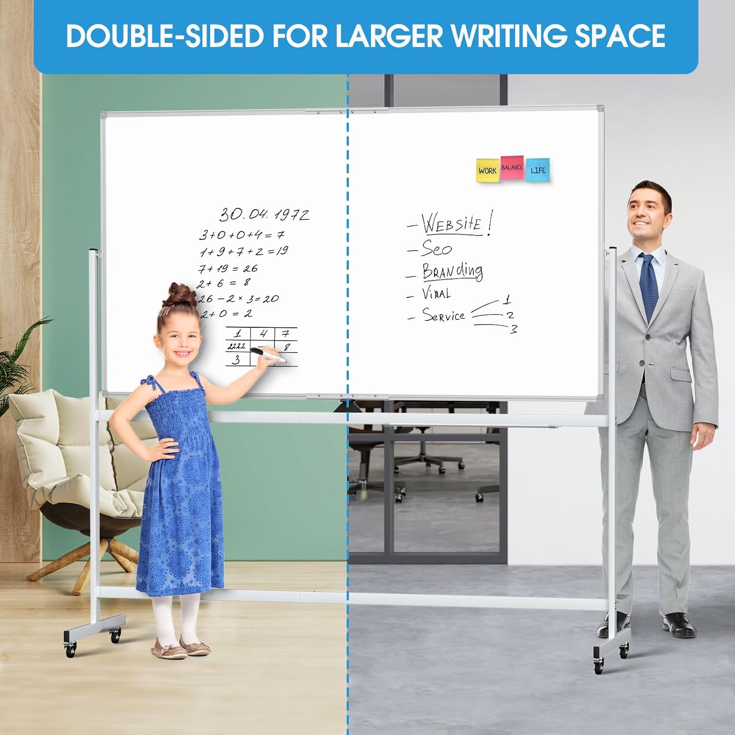 MaxGear Large Rolling Whiteboard on Wheels, 72" x 40" Big Mobile White Board, Double Sided Dry Erase Board with Aluminium Frame and Magnetic Surface for Office, School