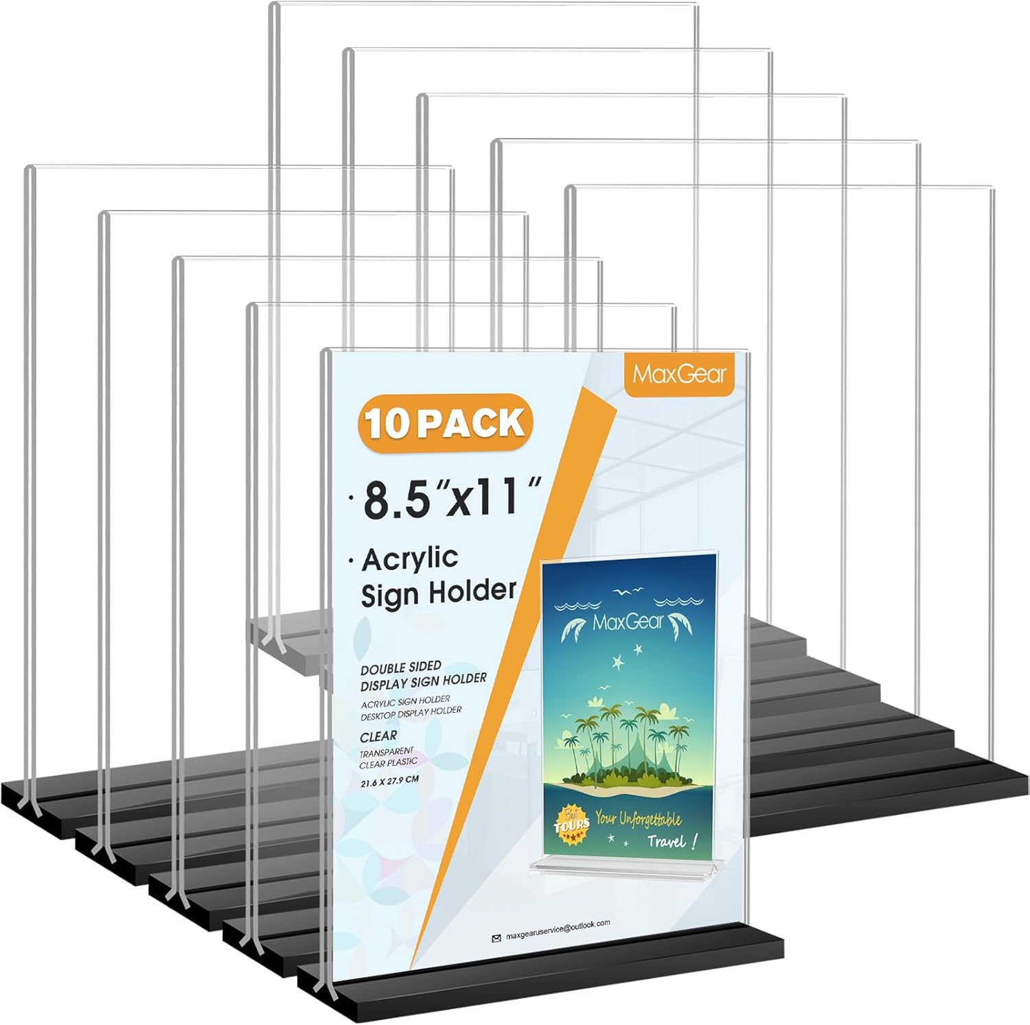 MaxGear Acrylic Sign Holder 8.5x11 Vertical, 2 Pack Double Sided Clear Display Stand, Table Paper Holder, Plastic Menu Flyer Stand, Plastic Sign Frame for Stores, Restaurants, Hotels, Office