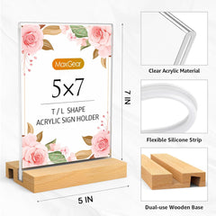 MaxGear L/T Shape Acrylic Sign Holder, 5 X 7 Clear Table Display Stand with Wooden Base, Flyer Menu Holder Photo Frames Paper Stand for Office, Wedding, Restaurants, Hotels 6 Pack