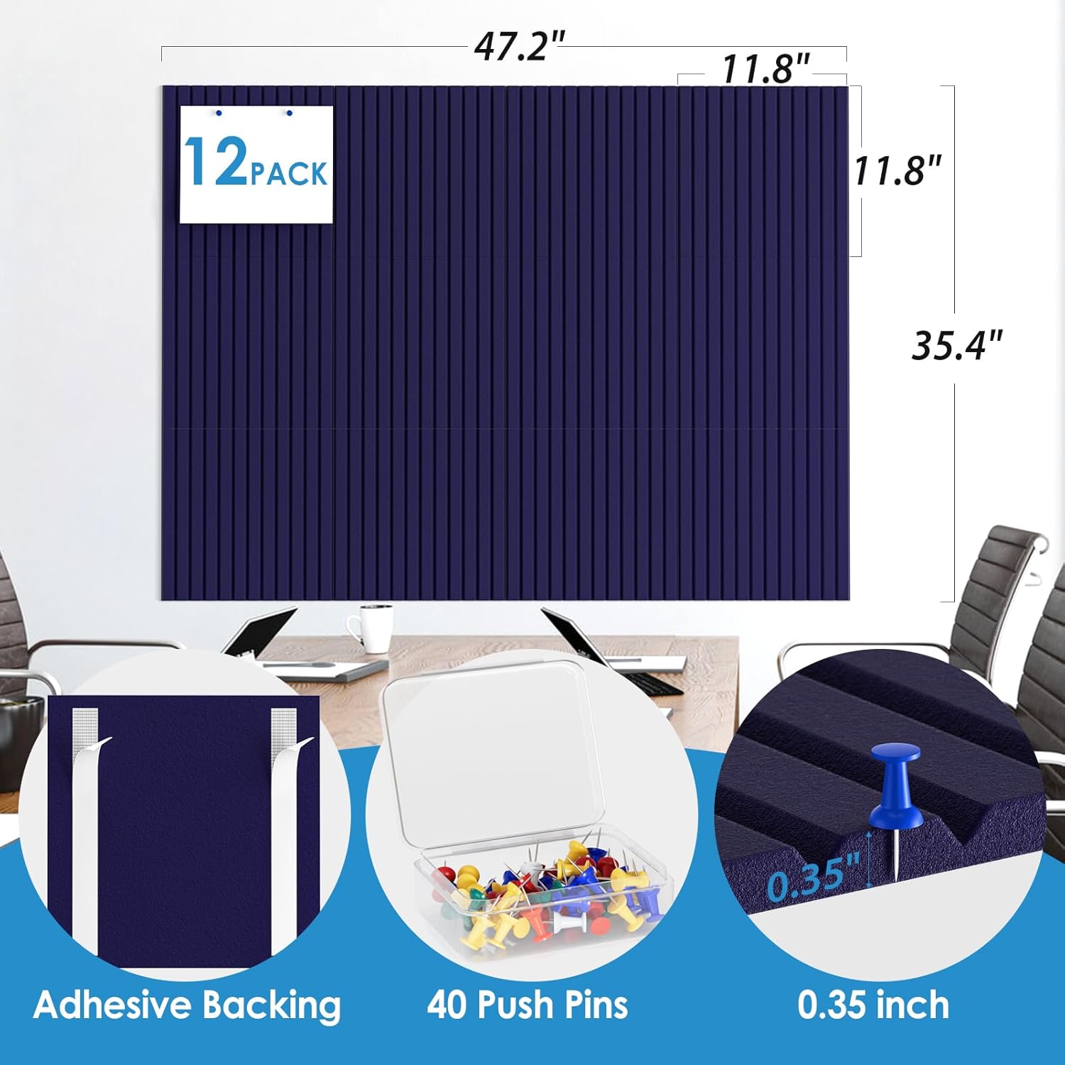 MaxGear Cork Boards for Walls 48" x 36", 12 Pack Navy Blue Felt Wall Tiles Bulletin Boards with Slat Paneling, 3D Panels Push Pin Board for Office Wall Decor