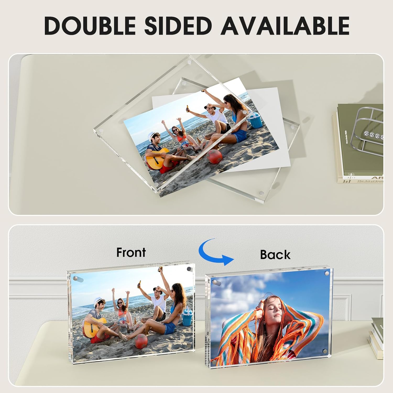 MaxGear 5x7 Acrylic Picture Frames 3 Pack, Double-Sided Clear Frameless for Picture Display, 24mm Thicker Freestanding Transparent Lucite Frames for Desktop, with Magnetic Closure