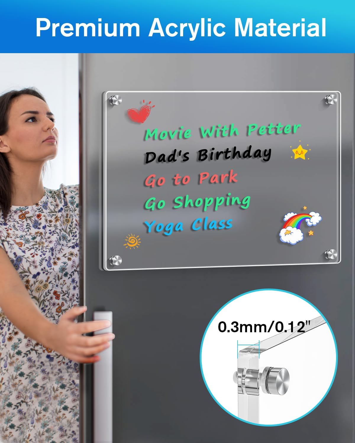 MaxGear 16"x12" Acrylic Dry Erase Board, Clear Magnetic Fridge WhiteBoard Mini Acrylic Memo Notepad for Refridgerator, Kitchen Menu Board Meal Schedule Planner, Include 4 Markers, 1 Cloth
