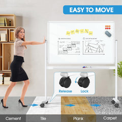 MaxGear Glass Whiteboard on Wheels, 48 x 30 Mobile White Board Stand, Magnetic Double-Sided Dry Erase Board with Aluminium Frame and Stand, Rolling Whiteboard with 3 Markers, 6 Magnets and 1 Eraser
