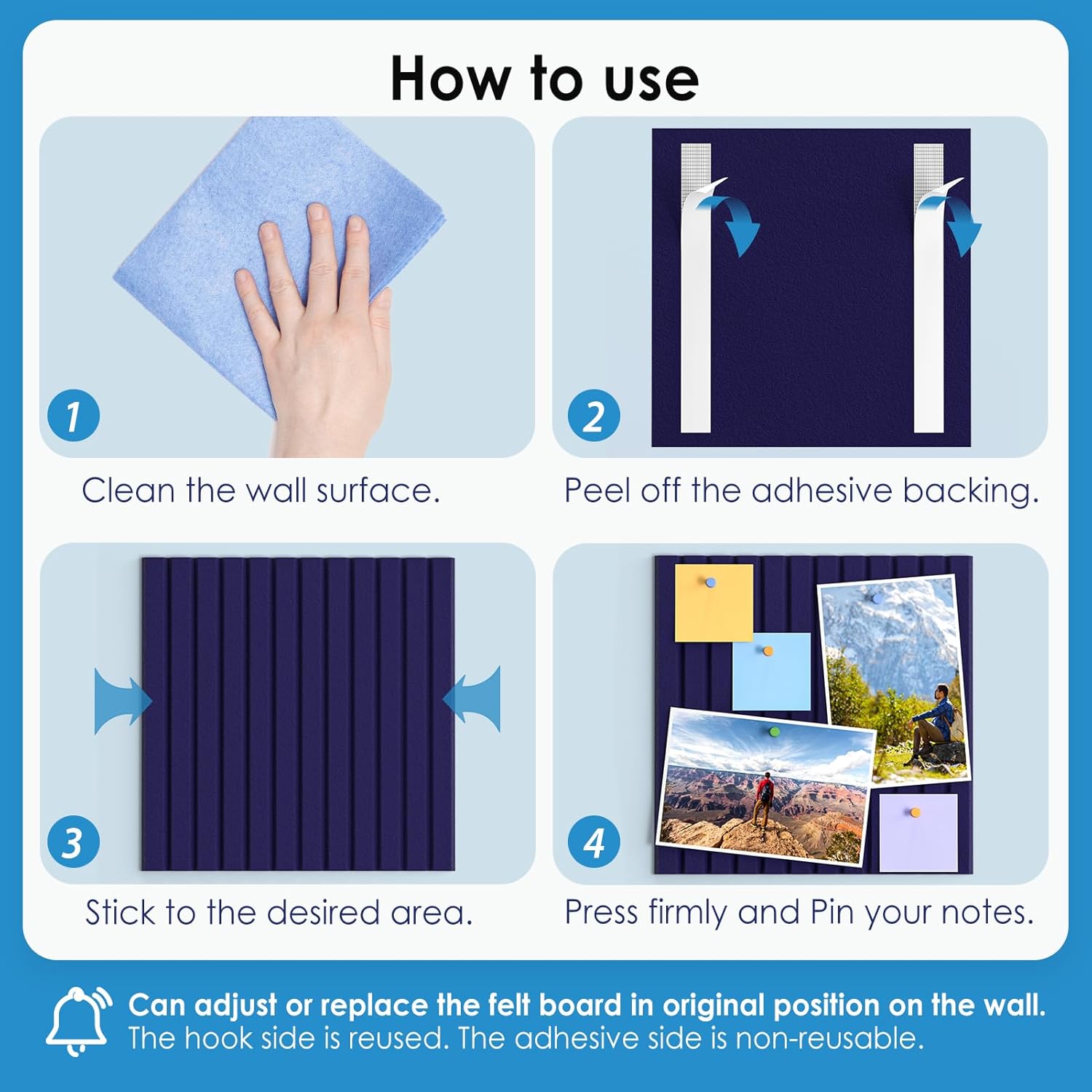 MaxGear Cork Boards for Walls 48" x 36", 12 Pack Navy Blue Felt Wall Tiles Bulletin Boards with Slat Paneling, 3D Panels Push Pin Board for Office Wall Decor