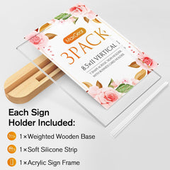 MaxGear Acrylic Sign Holder 8.5x11, Clear Table Display Stand With Wood Base, T Shape Slant Back Sign Frame Plastic Paper Holder Detachable Base Table Menu Flyer Stand for Office Store 3 Pack