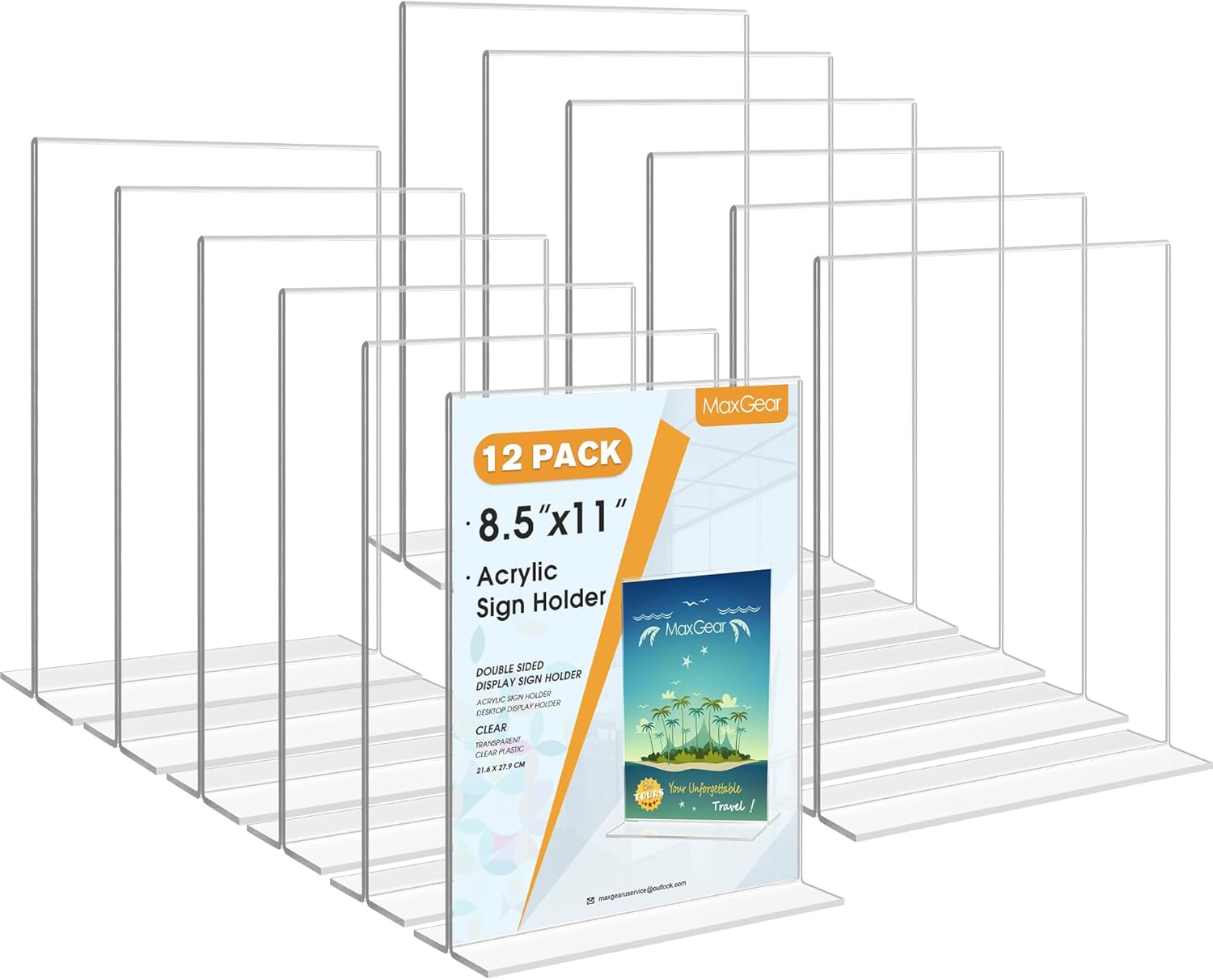 MaxGear Acrylic Sign Holder 8.5x11 Inches Horizontal 6 Pack, Vertical Standing Clear Table Flyer Menu Holders, Double Sided Plastic Display Stand Paper Frames for Office, Store, Restaurants, Landscape