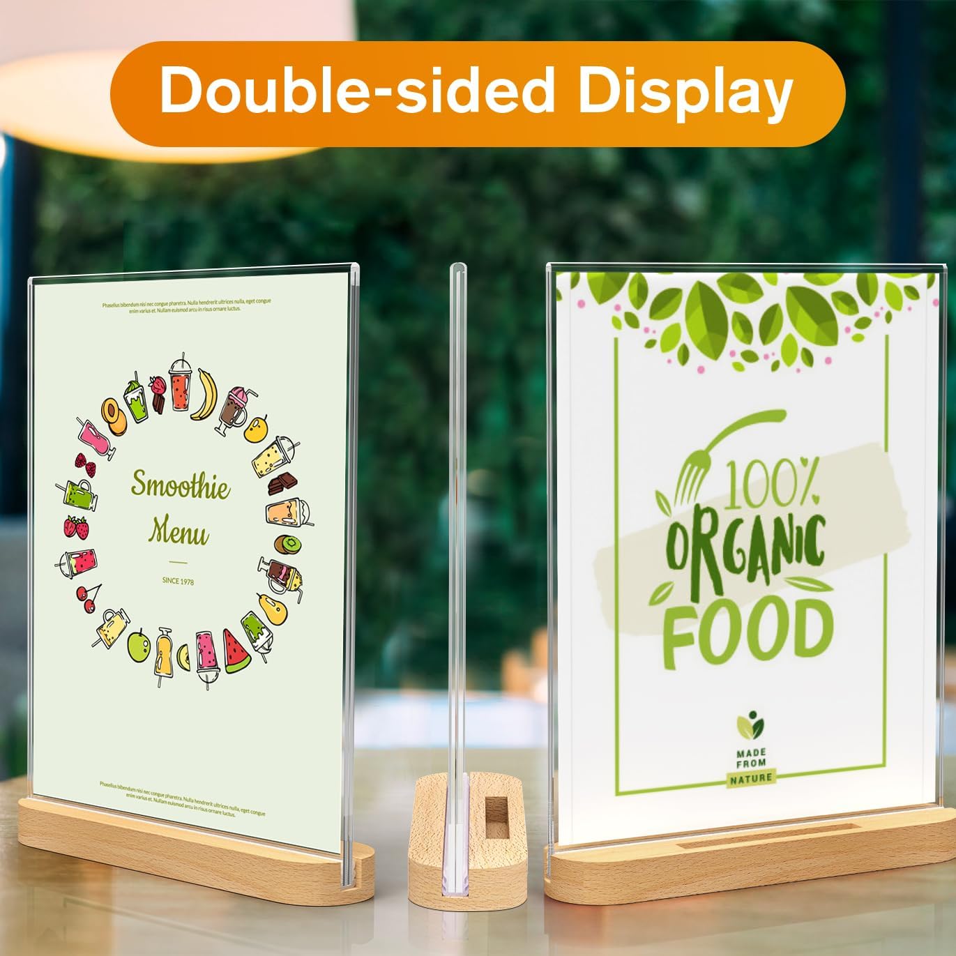 MaxGear Acrylic Sign Holder 8.5x11, Clear Table Display Stand With Wood Base, T Shape Slant Back Sign Frame Plastic Paper Holder Detachable Base Table Menu Flyer Stand for Office Store 3 Pack