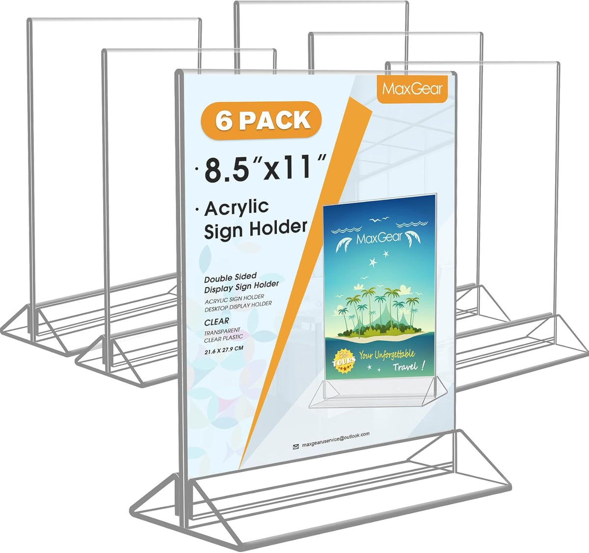 MaxGear 8.5 X 11 Acrylic Sign Holder 6pack, Clear Display Stand Plastic Paper Stand, Double Sided Picture Holder for Table, Vertical Menu Flyer Display for Stores, Restaurants, Hotels, Office