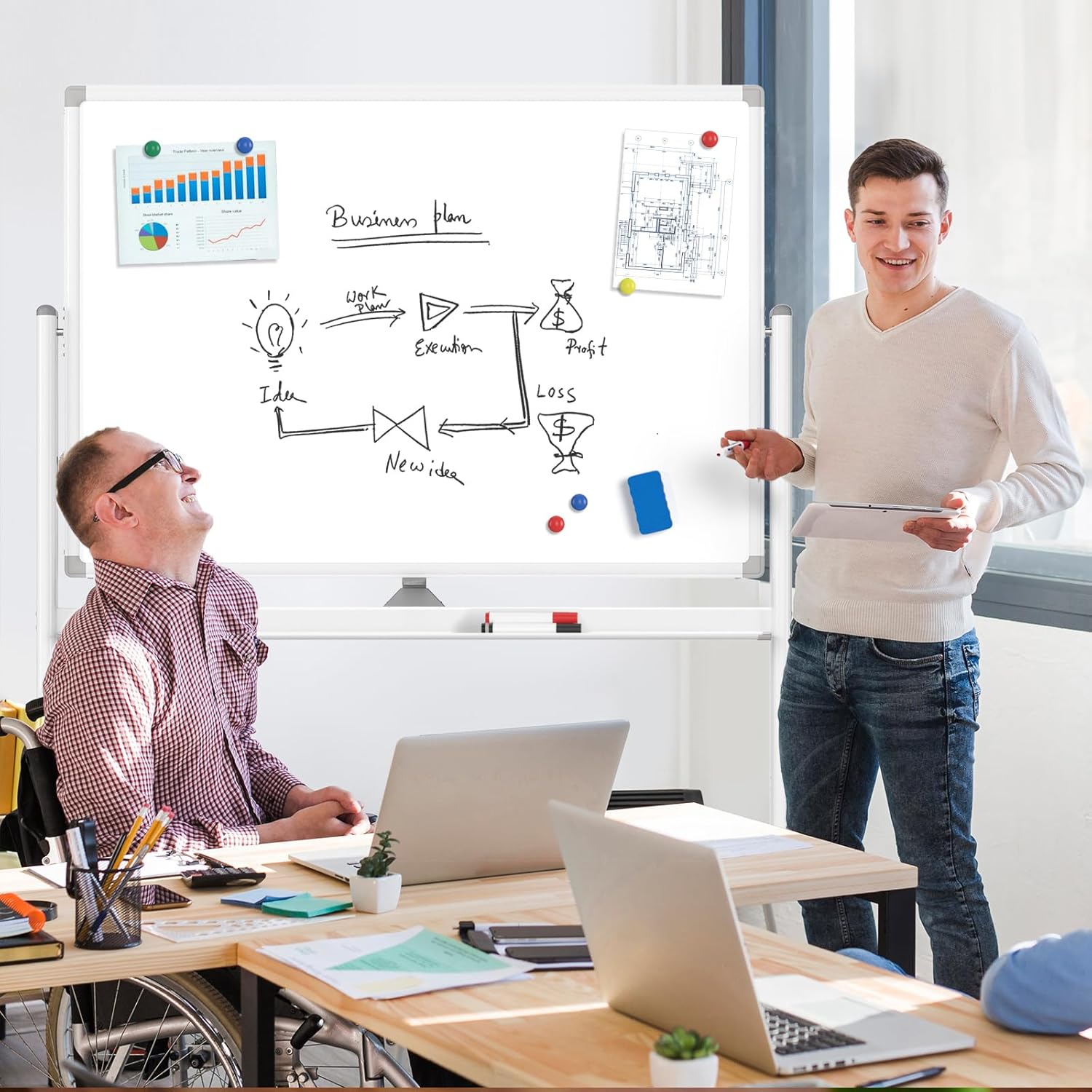 MaxGear Premium Large Rolling Whiteboard on Wheels, 48" x 32" Double-Sided Magnetic Dry Erase Board with Stand, Reversible Mobile Whiteboard with Aluminium Frame and Stand for Office, School