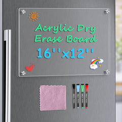 MaxGear 16"x12" Acrylic Dry Erase Board, Clear Magnetic Fridge WhiteBoard Mini Acrylic Memo Notepad for Refridgerator, Kitchen Menu Board Meal Schedule Planner, Include 4 Markers, 1 Cloth