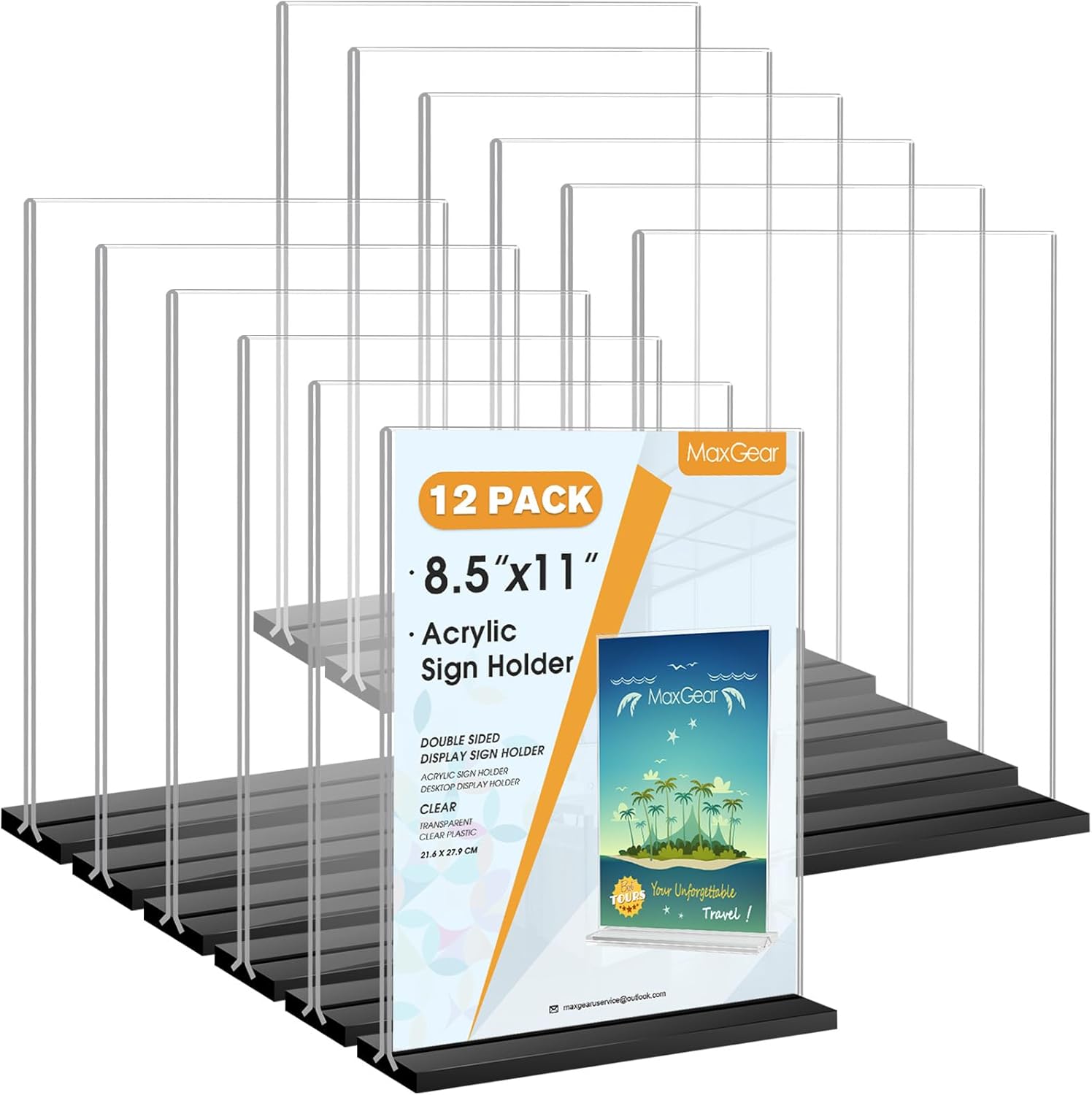 MaxGear Acrylic Sign Holder 8.5x11 Vertical, 2 Pack Double Sided Clear Display Stand, Table Paper Holder, Plastic Menu Flyer Stand, Plastic Sign Frame for Stores, Restaurants, Hotels, Office