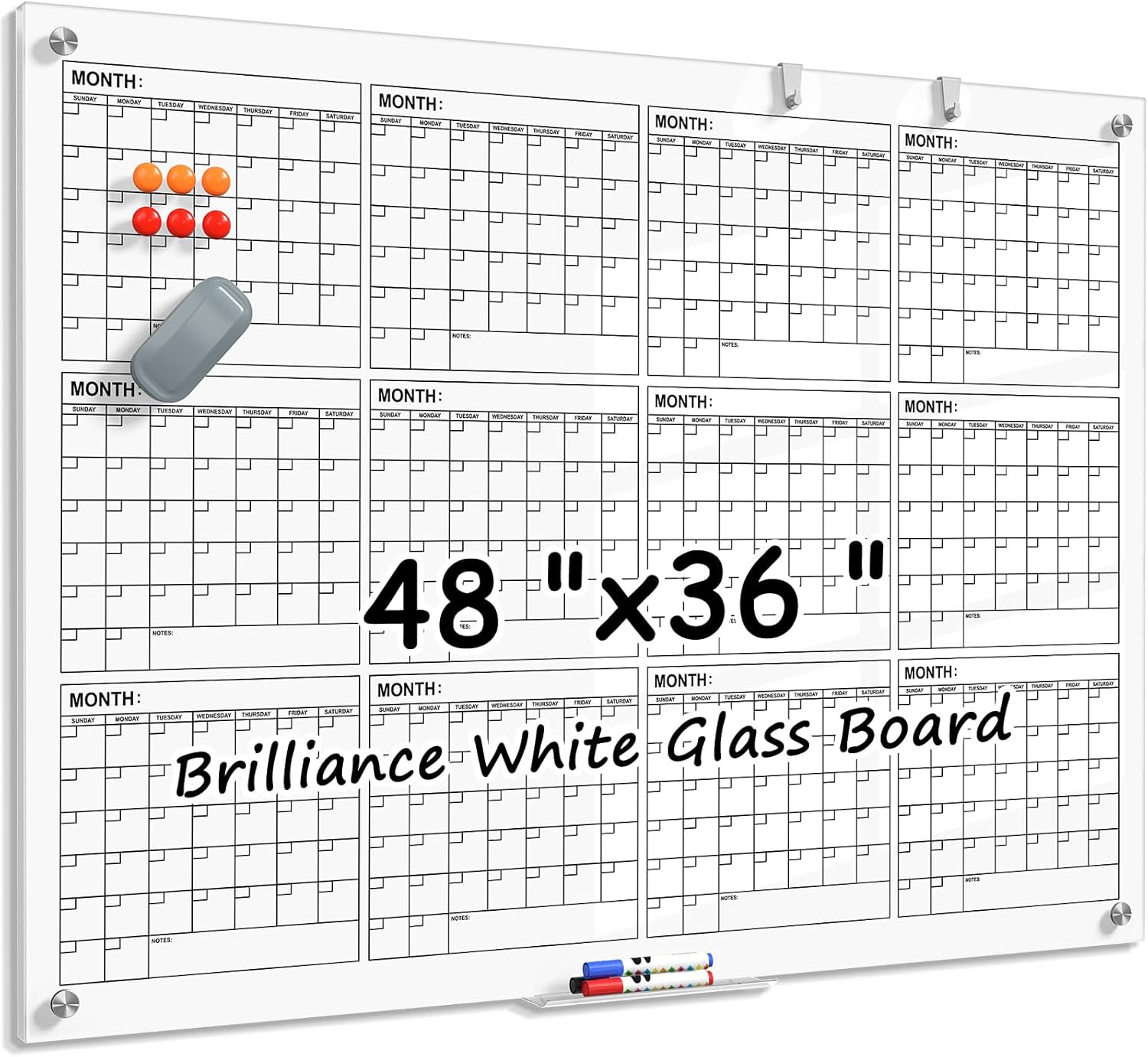 MaxGear Glass White Board 48x30 Inches Brilliance White Magnetic Dry Erase Board Wall Mounted Whiteboard, Large Frameless Whiteboard with 1 Eraser,3 Markers and 6 Magnets for Office, School, Home