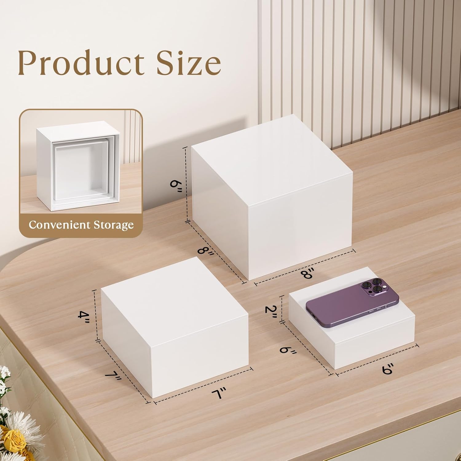 MaxGear 3 Pcs Acrylic Buffet Risers, Food Display Stand for Buffet Table, Dessert Cube Boxes with Hollow Bottoms for Party Food Display, Catering, 6"x7"x8", White