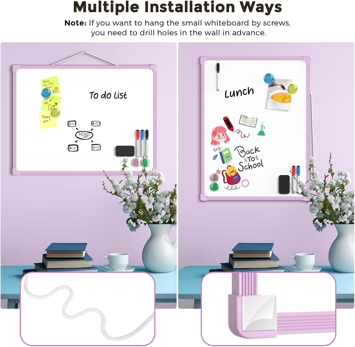 MaxGear Double-Sided Dry Erase Board for Wall, 16"x12" Hanging Whiteboard, Small Dry Erase White Board kit, Portable Whiteboard for Students - Planning, Drawing, Memo, to Do List, Purple Frame