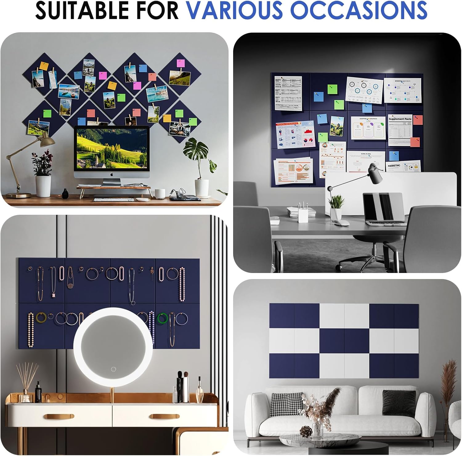 MaxGear Large Cork Board for Wall 47" x 35" Dark Blue Bulletin Board, 12 Pack Felt Wall Tiles with Pushpins, Cork Boards for Office Pin Board Tack Board for Photo Meno Decor