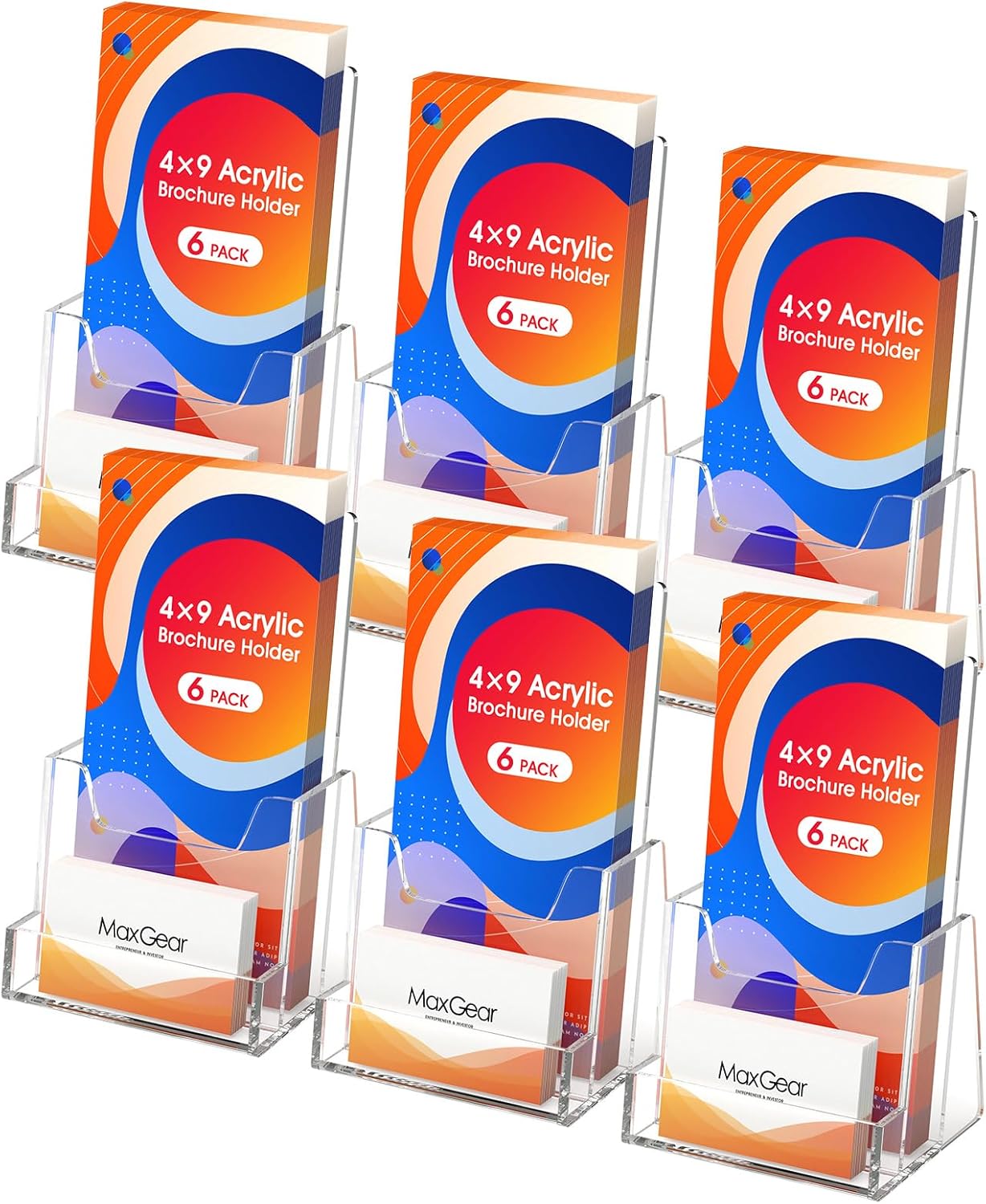 MaxGear 4x9 inch Brochure Holder, 2 Pack Acrylic Display Stand with Business Card Slot, Countertop Literature, Flyer, Trifold, Pamphlet, Booklet Menu Organizer