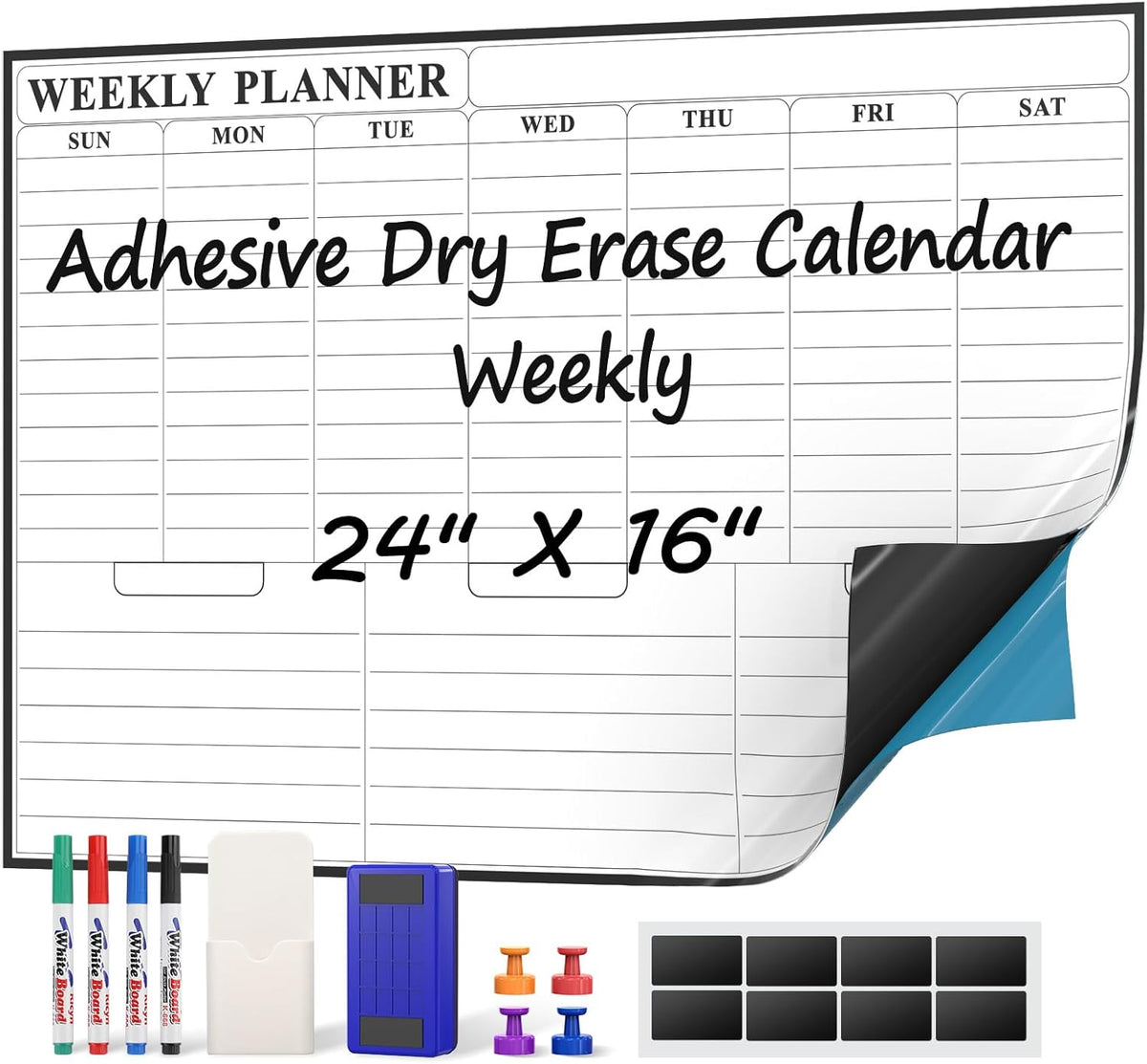 MaxGear 24"x16" Adhesive Dry Erase Calendar Monthly Whiteboard for Wall, Office, Classroom, Home, Drill-Free Installation, 1 Marker Holder, 4 Markers, 1 Eraser, 6 Magnets, Smooth Writing & Erasing