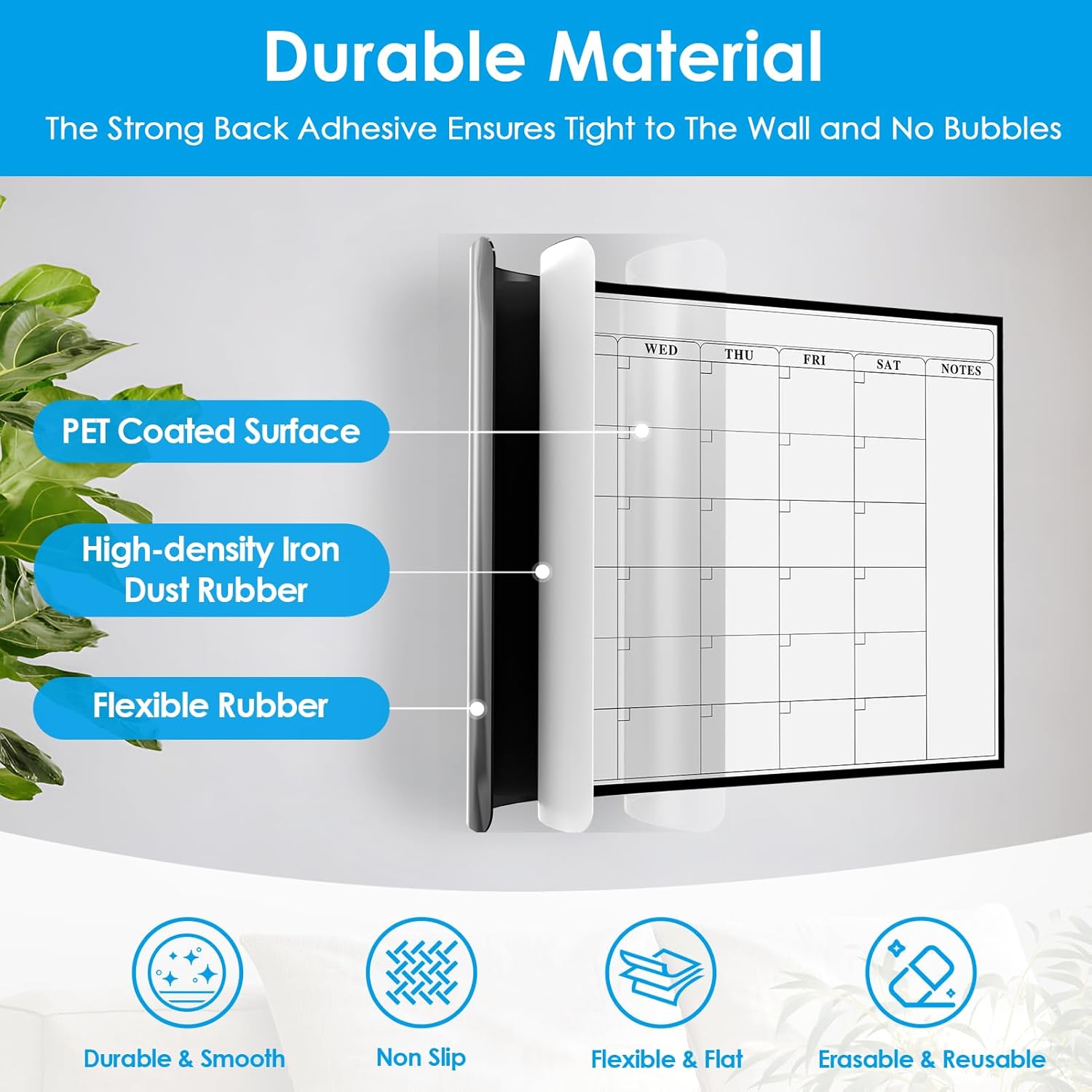 MaxGear 36"x24" Adhesive Dry Erase Calendar Monthly Whiteboard for Wall, Office, Classroom, Home, Drill-Free Installation, 1 Marker Holder, 4 Markers, 1 Eraser, 6 Magnets, Smooth Writing & Erasing