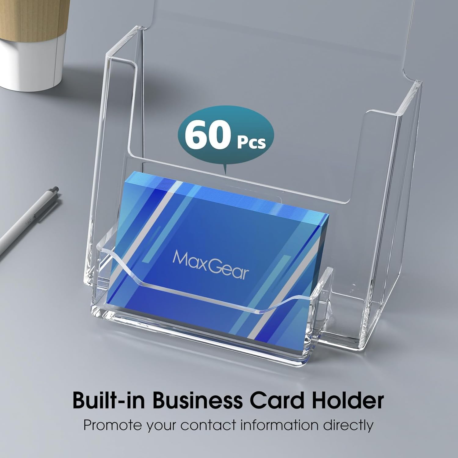 MaxGear Brochure Holder 6x9 inch with Business Card Organizer, Acrylic Literature Display Stand Clear Plastic Flyer Holder Wall Mount or Countertop Use for Pamphlets, Booklets, 2 Pack