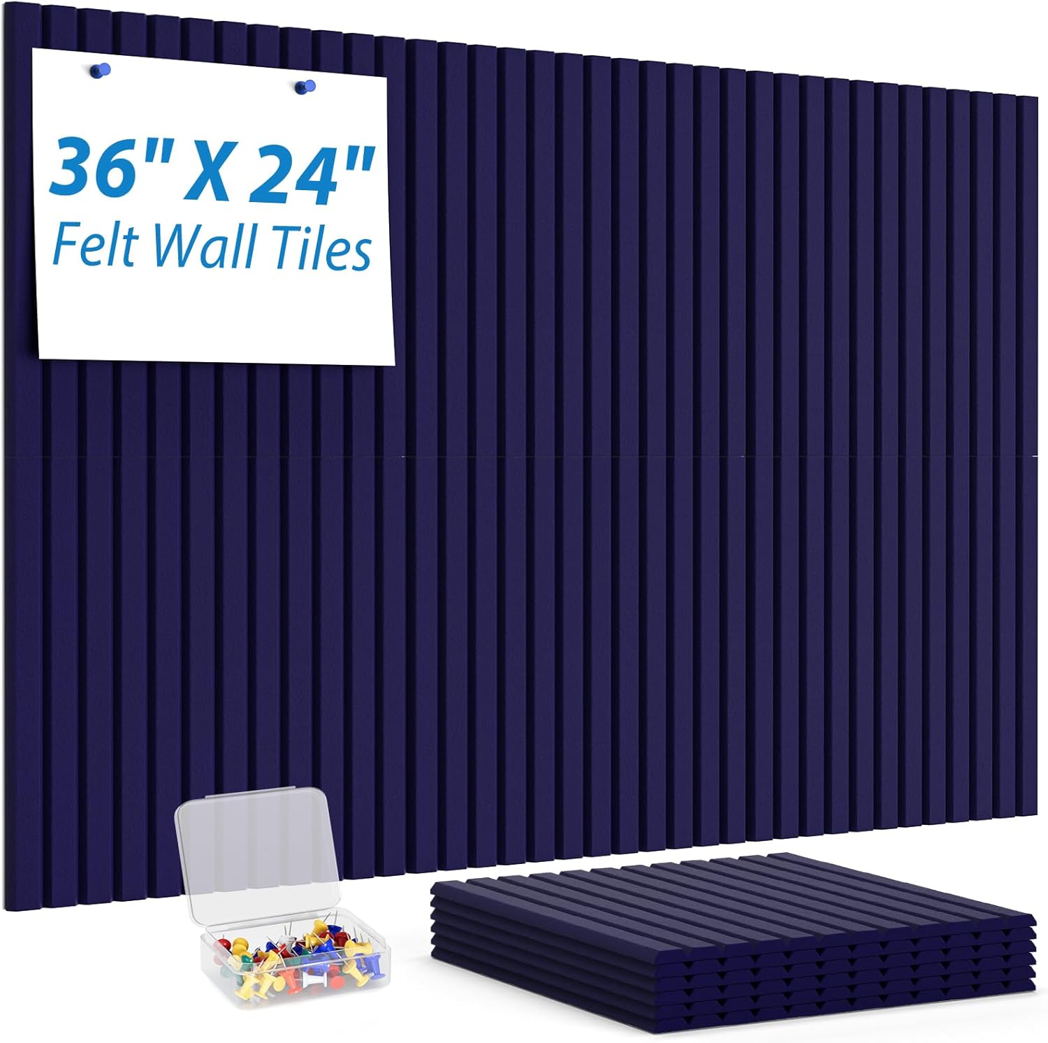 MaxGear Cork Boards for Walls 48" x 36", 12 Pack Navy Blue Felt Wall Tiles Bulletin Boards with Slat Paneling, 3D Panels Push Pin Board for Office Wall Decor