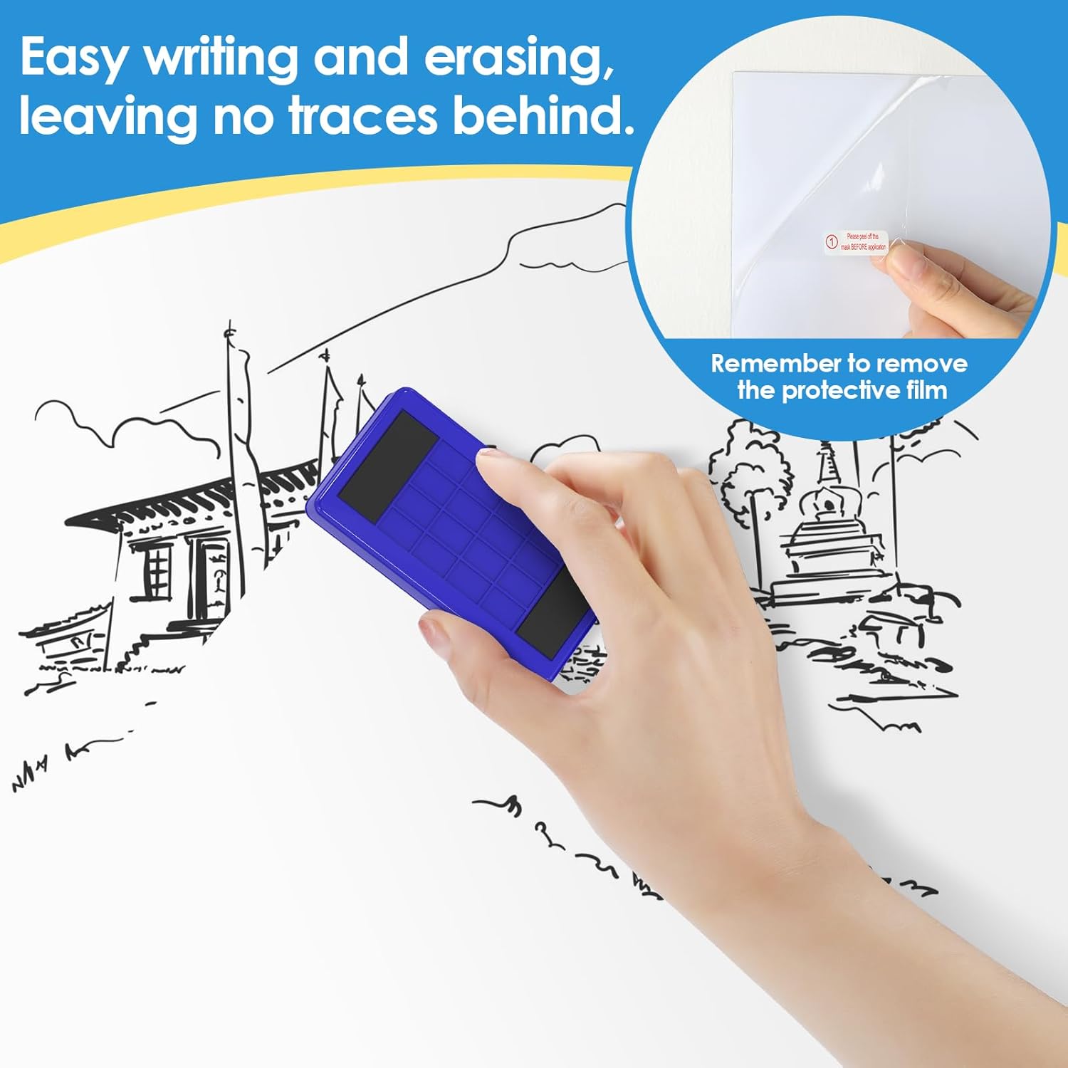 MaxGear Large White Board 72“x48” with Self-Adhesive Backing, Big Dry Erase Board for Wall, Whiteboard Sticker Wallpaper with 4 Markers, 1 Holder, 1 Eraser, 4 Magnets, and 3 Tapes, 6' x 4'