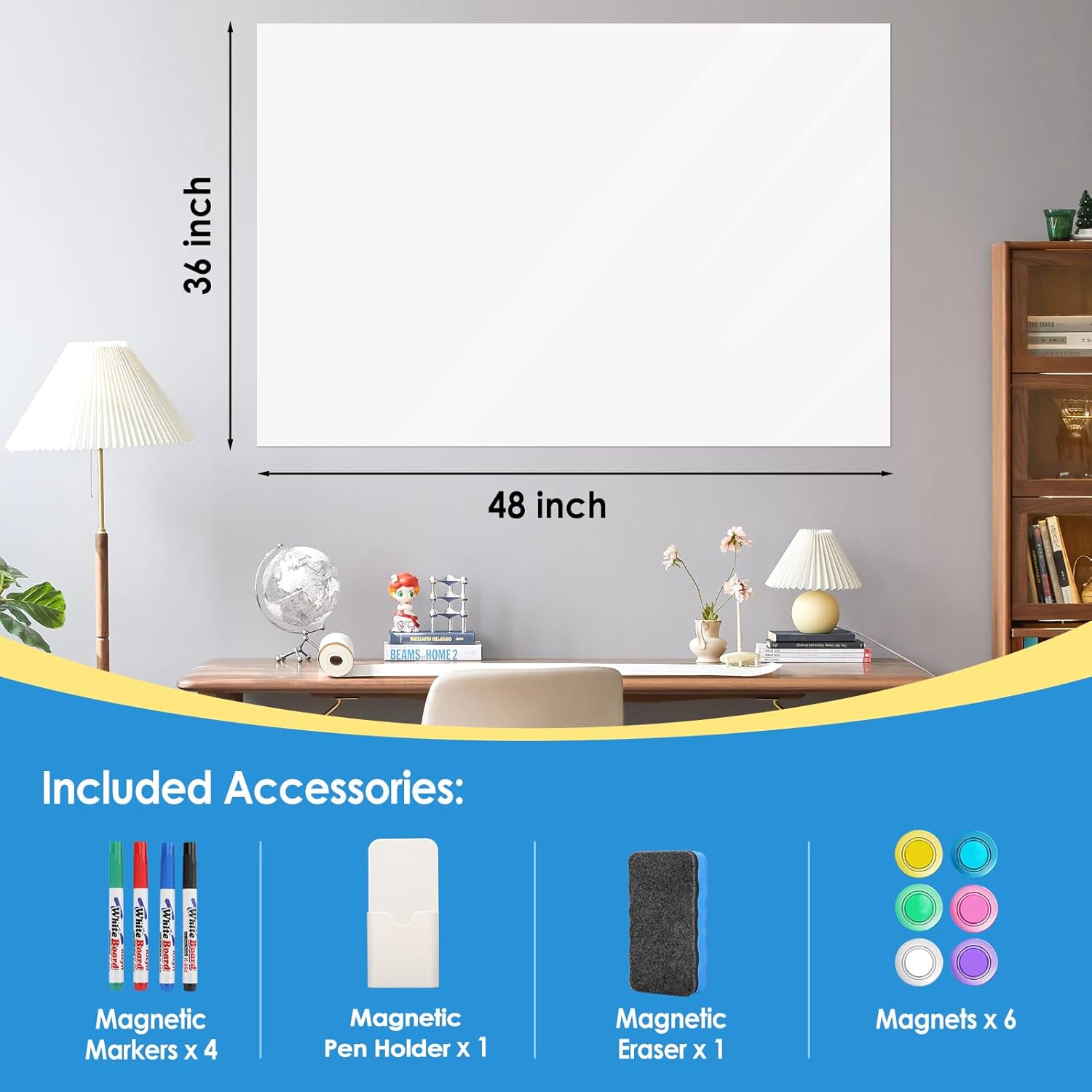 MaxGear White Board 48"x36" Adhesive Dry Erase Board Large Whiteboard Sticker for Wall, Big Wallpaper for Office, Classroom, Home, 4 Markers, 1 Marker Holder, 1 Eraser, 4 Magnets, 4' x 3'