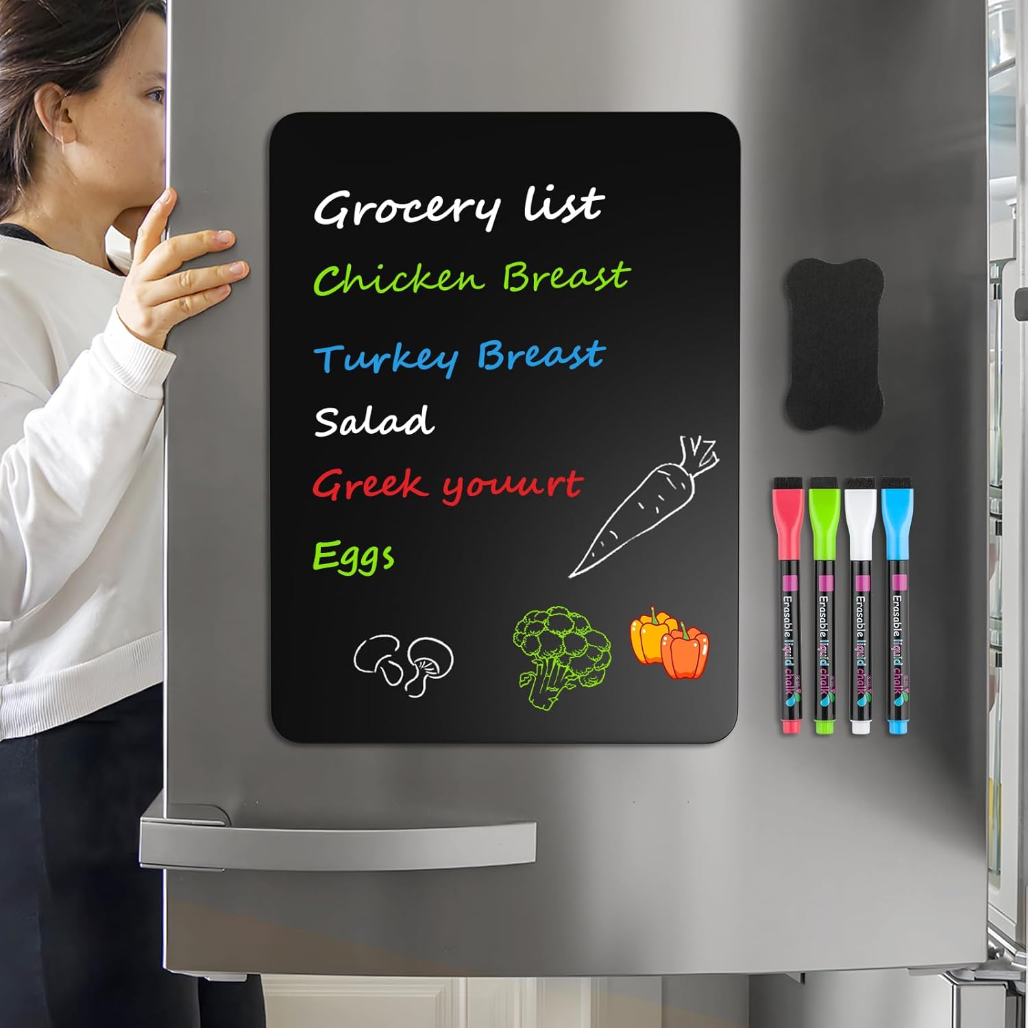 MaxGear Magnetic Black Dry Erase Board Sheet for Refrigerator, 16"x12" Fridge Magnetic Whiteboard for Kitchen, Fridge Shopping List for Family Planner and Grocery List, 4 Chalk Markers