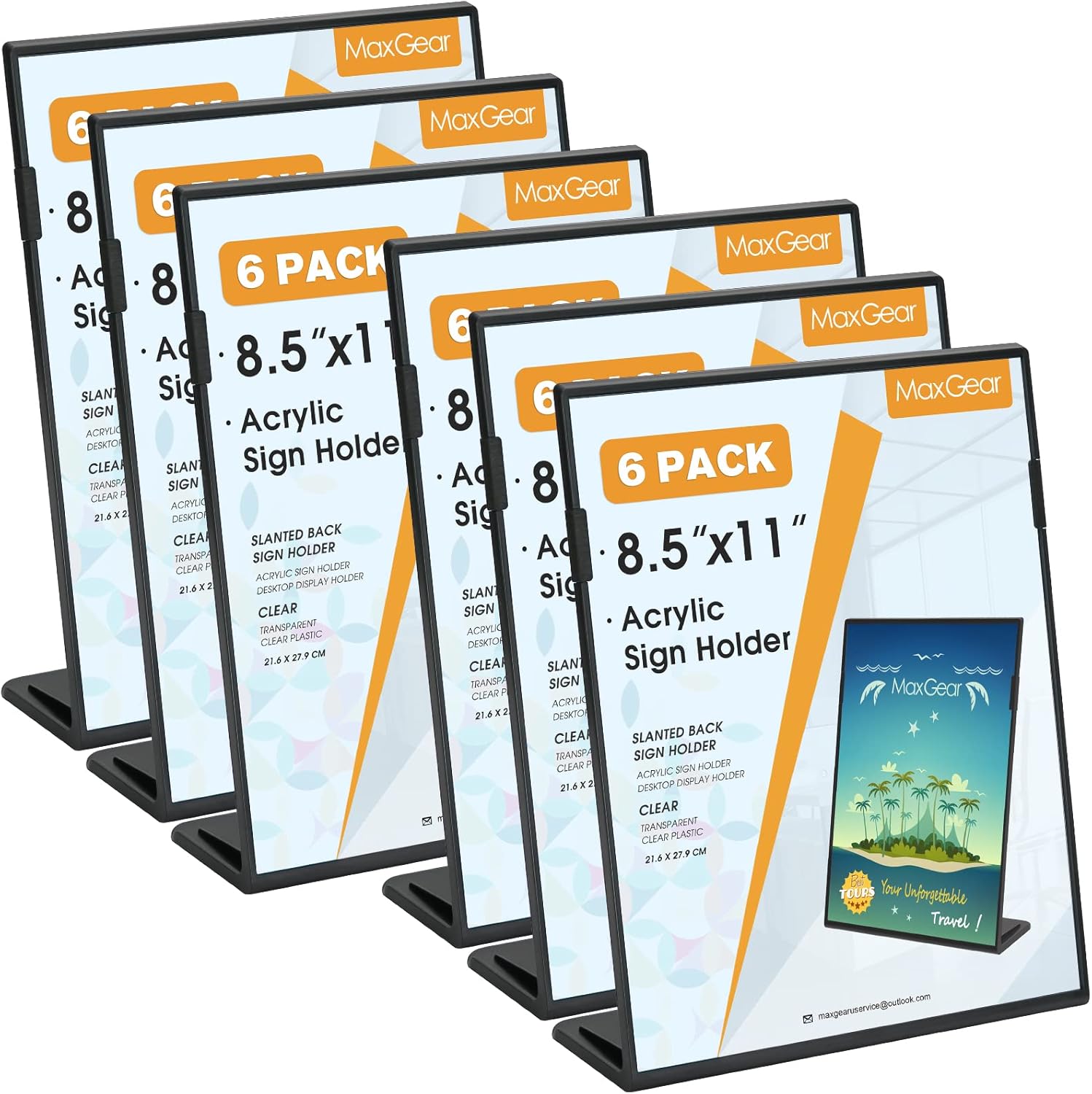 MaxGear Fall Resistant Acrylic Sign Holder 8.5 x 11 Inches 3 Pack, Slant Back Table Flyer Menu Display Stand, Heavy Duty Plastic Acrylic Sign Frame Paper Holder for Business, Store, Restaurant, Black