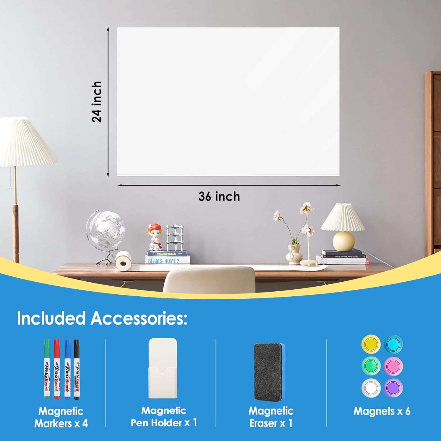MaxGear White Board Sticker with Self-Adhesive Backing, 36"x24" Magnetic Dry Erase Board for Wall, Magnetic Whiteboard Wallpaper Stick on Wall with Markers, Holder, Eraser, Magnets, 3 'x 2'
