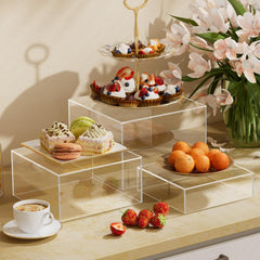 MaxGear 3 Pcs Acrylic Buffet Risers, Food Display Stand for Buffet Table, Dessert Cube Boxes with Hollow Bottoms for Party Food Display, Catering, 8"x9"x10", Clear