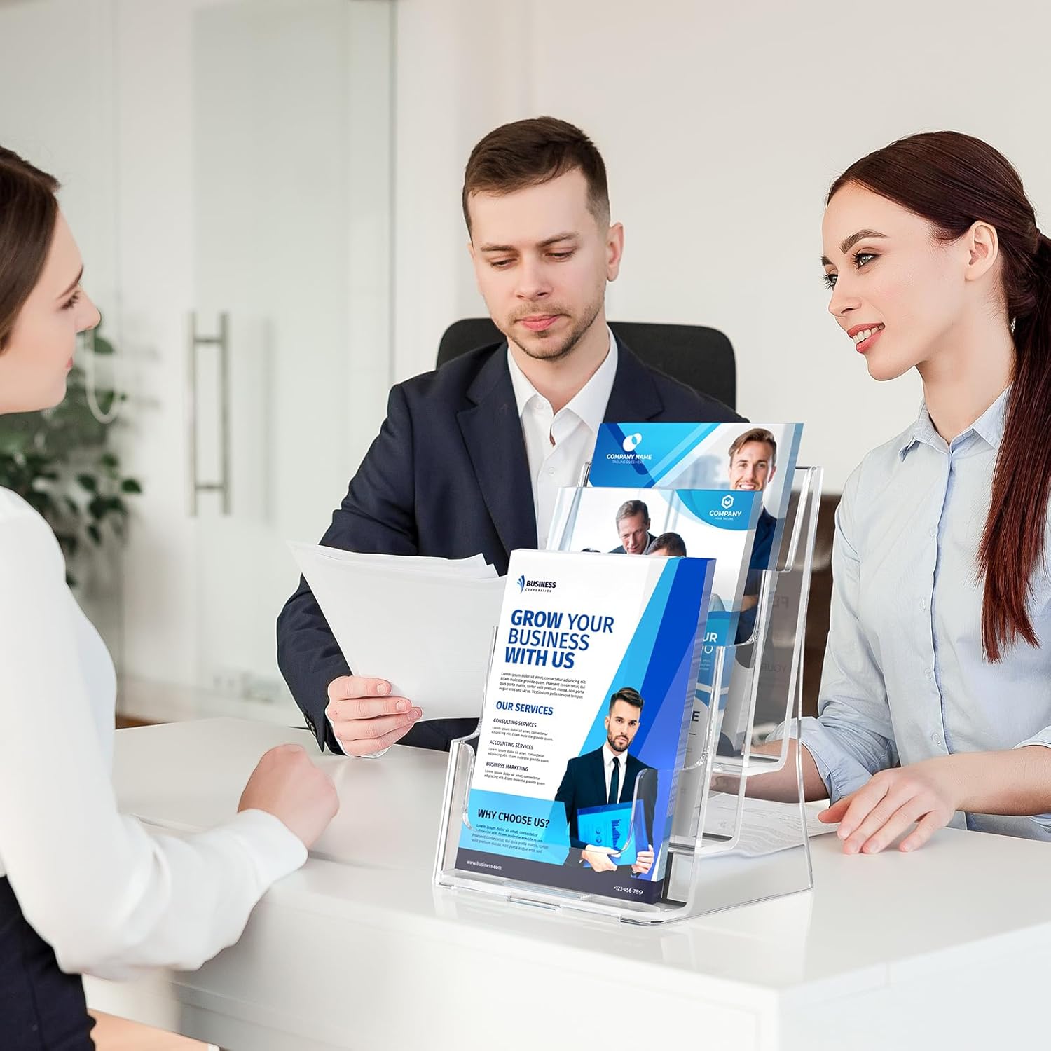 MaxGear Brochure Holder 3 Tier 8.5x11 inch with Removable Divider for 4x9 inch Acrylic Literature Display Stand Clear Plastic Flyer Holder Wall Mount or Countertop Use for Pamphlets, Booklets, 1 Pack