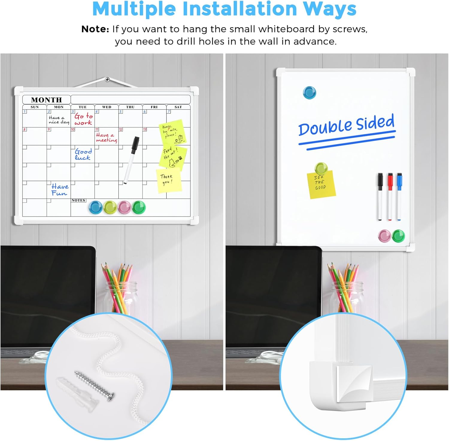 MaxGear Monthly Calendar Dry Erase Board for Wall, 16"x12" Small Hanging Double-Sided White Board, Portable Whiteboard for Planning, Drawing, Memo, to Do List, School, Home, Kitchen, Office