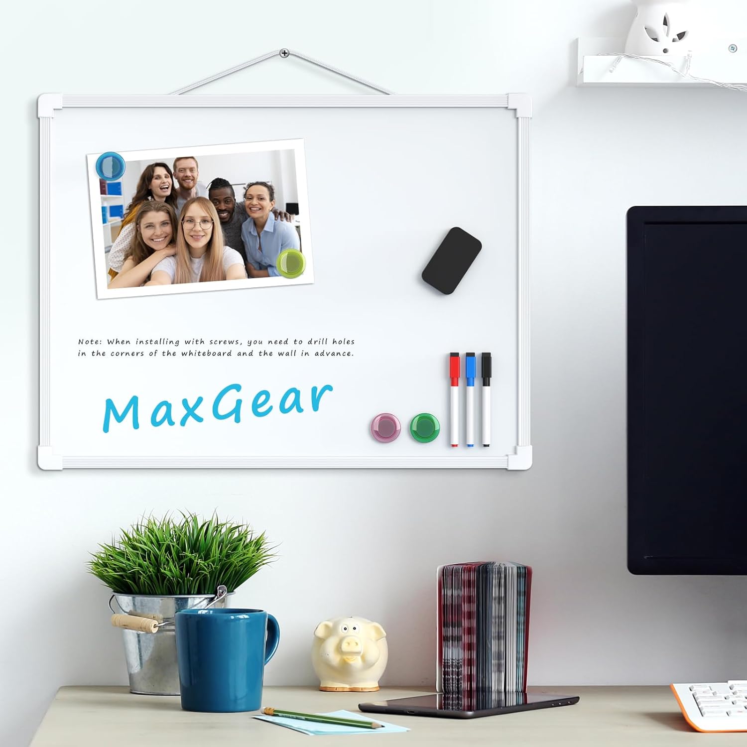 MaxGear Double-Sided Dry Erase Board for Wall, 16"x12" Hanging Whiteboard, Small Dry Erase White Board with 3 Markers&4 Magnets, Portable Whiteboard for Students - Planning, Drawing, Memo, to Do List