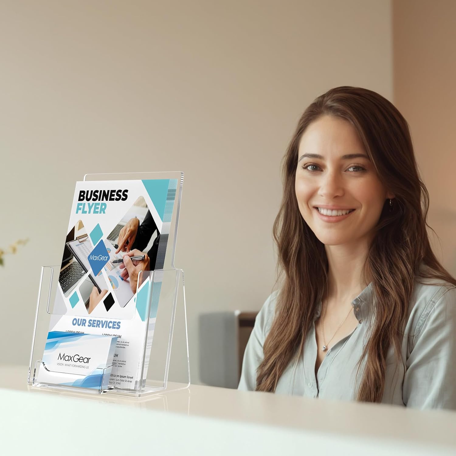 MaxGear Brochure Holder 6x9 inch with Business Card Organizer, Acrylic Literature Display Stand Clear Plastic Flyer Holder Wall Mount or Countertop Use for Pamphlets, Booklets, 2 Pack